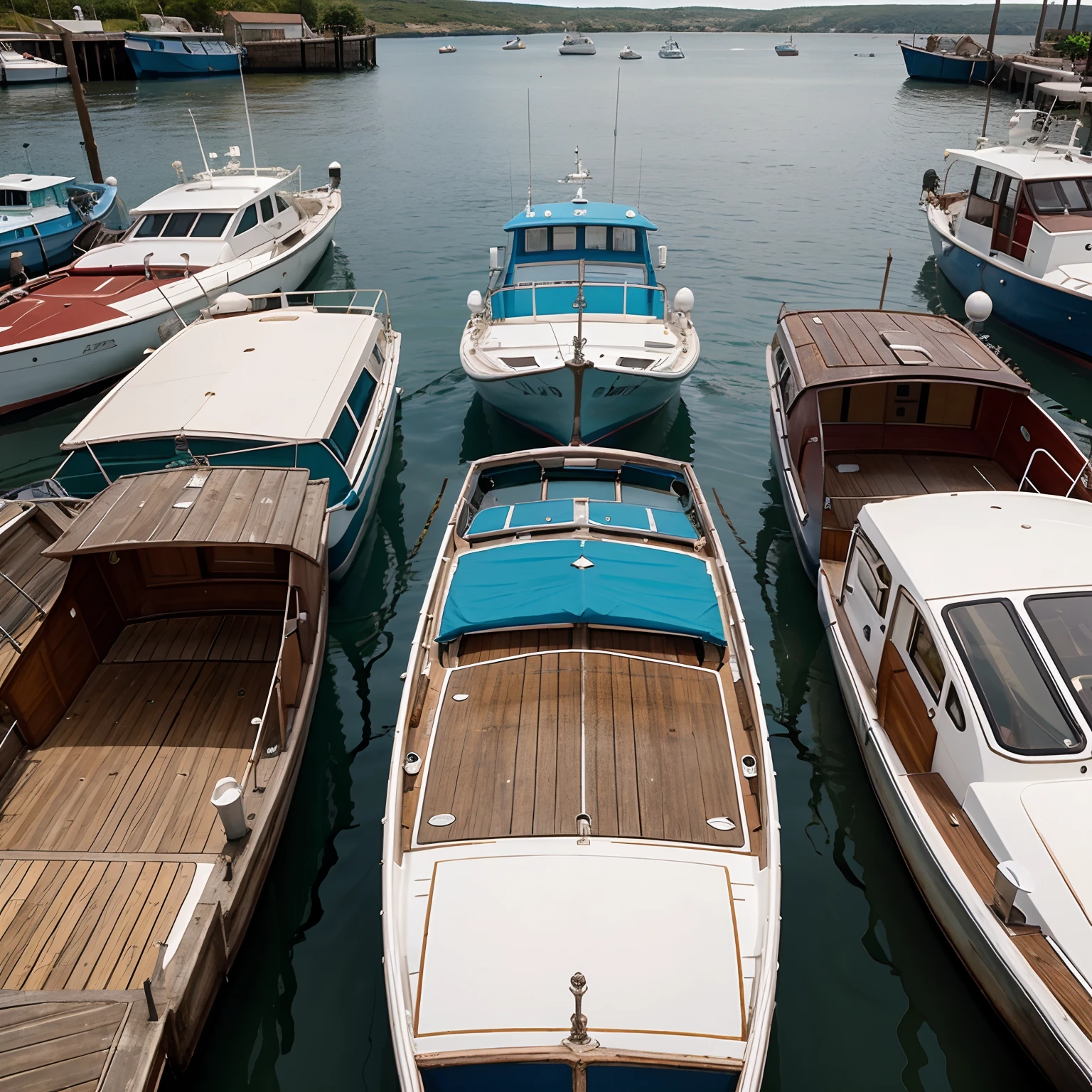 Lots of colourful boats of all different colours. In a dock looking out to a beautiful view of the sea