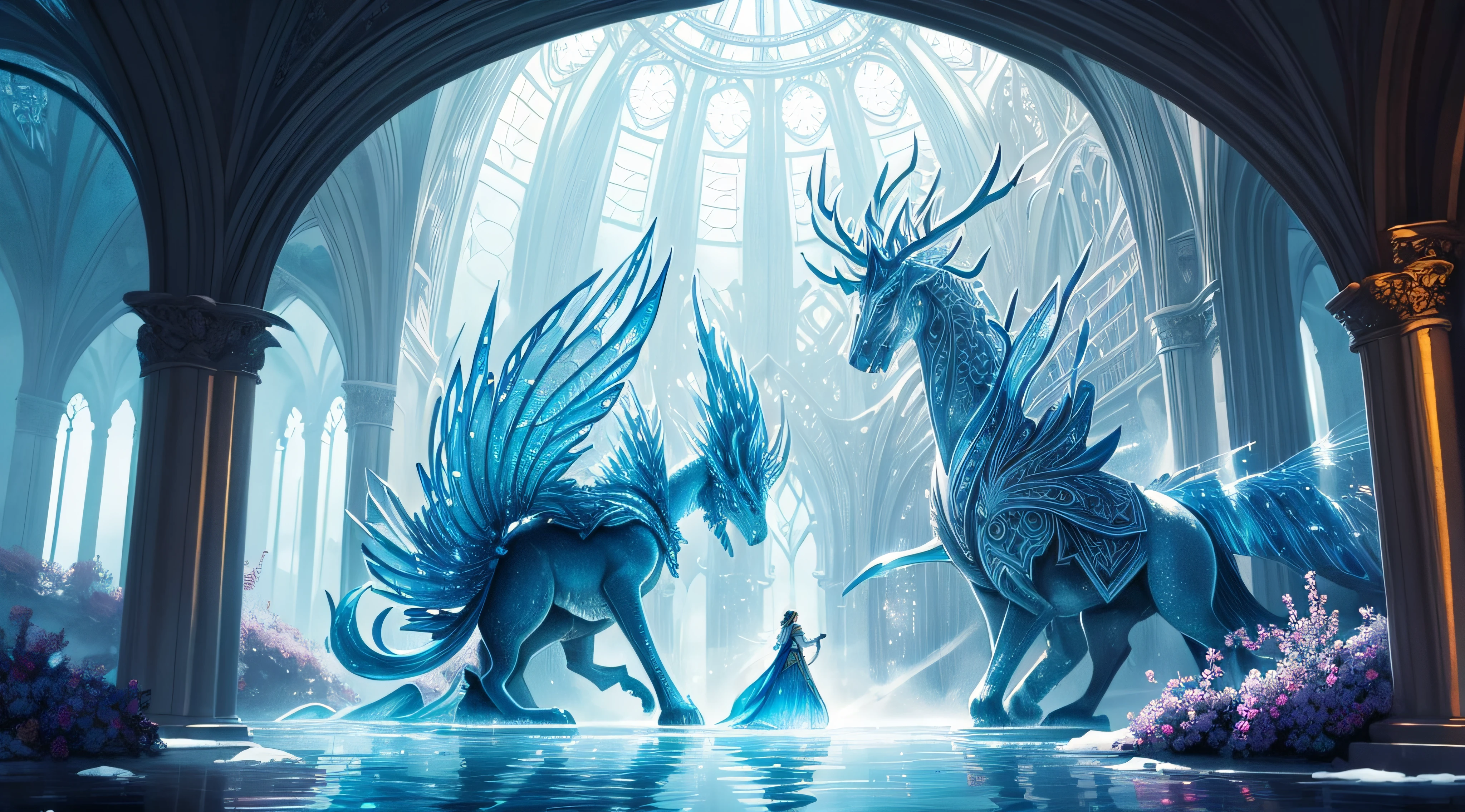 (high quality, fancy, beautiful detailed illustration, digital painting). 2 students (1.2) compete in a magical duel at the school of magic in the ice: splendid and frosted buildings: large entrance in the form of a frost arch, breathtaking architecture, enchanted ice, mythical creatures, ice dragons, magic spells, enchanting atmosphere, sparkling crystals, mysterious books, luminous orbs, whimsical flowers, golden rays of the sun filtering through the water, vibrant colors, ethereal beauty, sprigs of magic in the air, deep sense of wonder, impressive level of detail,Epic fantasy setting, captivating audience, captivating journey, impressive visuals, masterpiece: 1.2