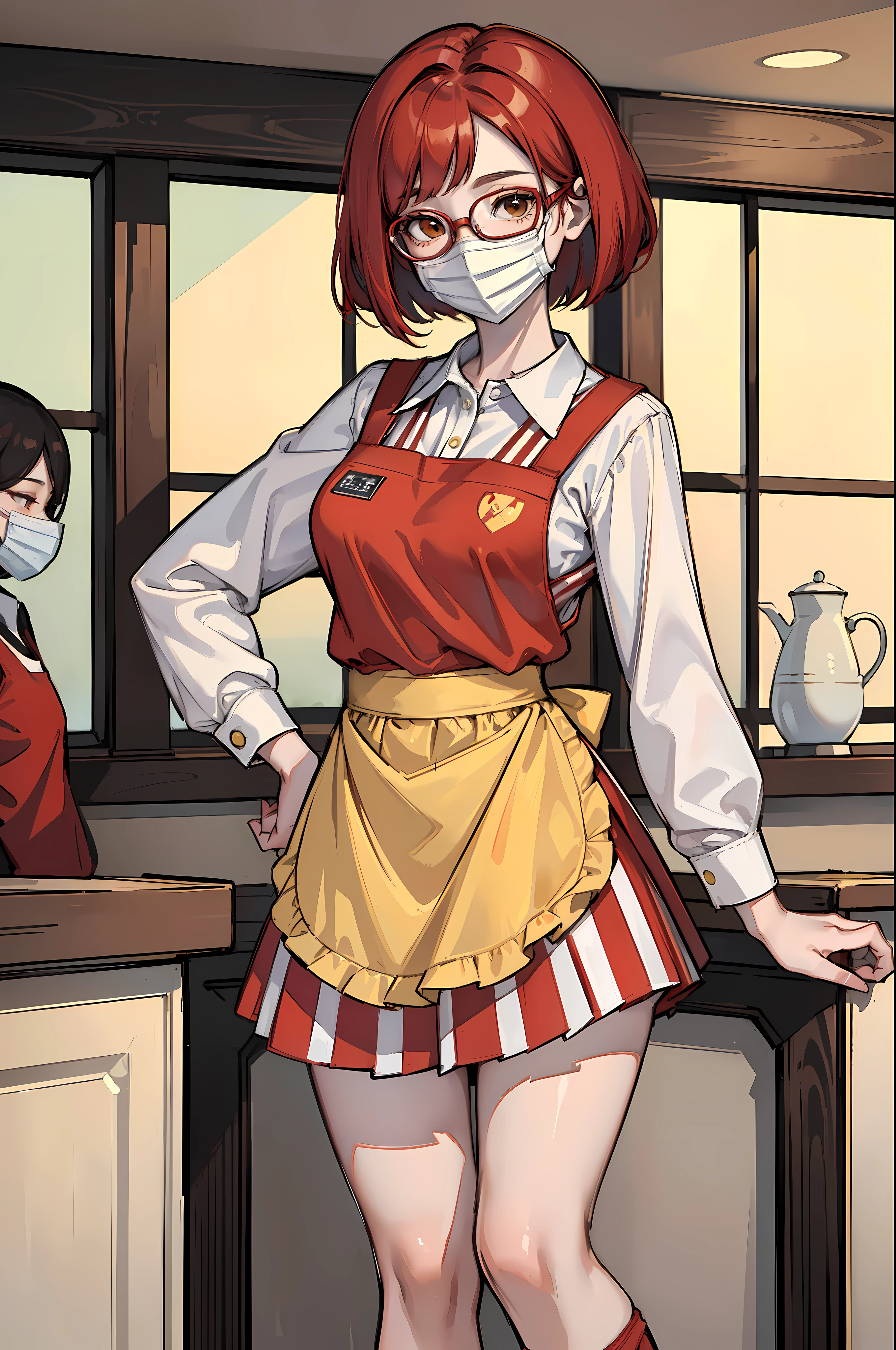 (masterpiece, best quality), 1girl, Red Hair, bobcut, ((wearing a red apron, yellow long sleeve shirt)), ((red and white striped skirt)), striped stockings, wearing glasses, ((halfbody pose, focus shot)), ((smiling, standing still)), ((wearing a face mask)), small breasts, perfect breasts