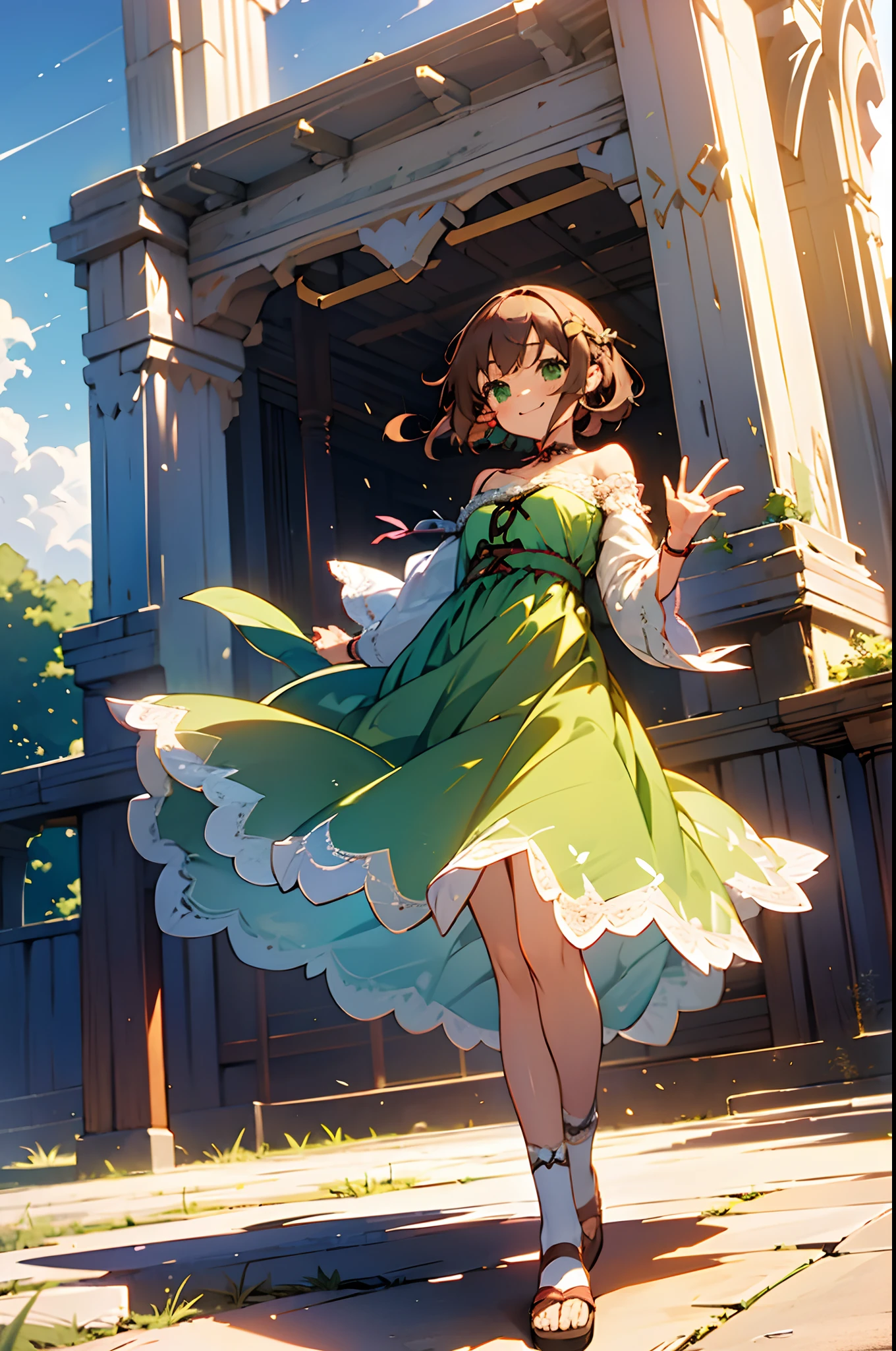 Sasanami Shoko, Valvrabe, 1 girl, Brown hair, Green eyes, Fantasy World, Ruins, Bang, Beautiful sky, shining sky, Sunshine, Smiling, Waving, Lace socks, Sandals, wristbands, ribbon choker, Dresses that blow the wind, Lace dress, Off-shoulder sleeve