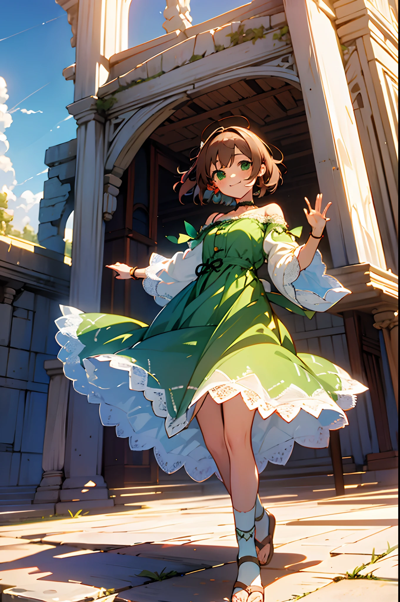 Sasanami Shoko, Valvrabe, 1 girl, Brown hair, Green eyes, Fantasy World, Ruins, Bang, Beautiful sky, shining sky, Sunshine, Smiling, Waving, Lace socks, Sandals, wristbands, ribbon choker, Dresses that blow the wind, Lace dress, Off-shoulder sleeve