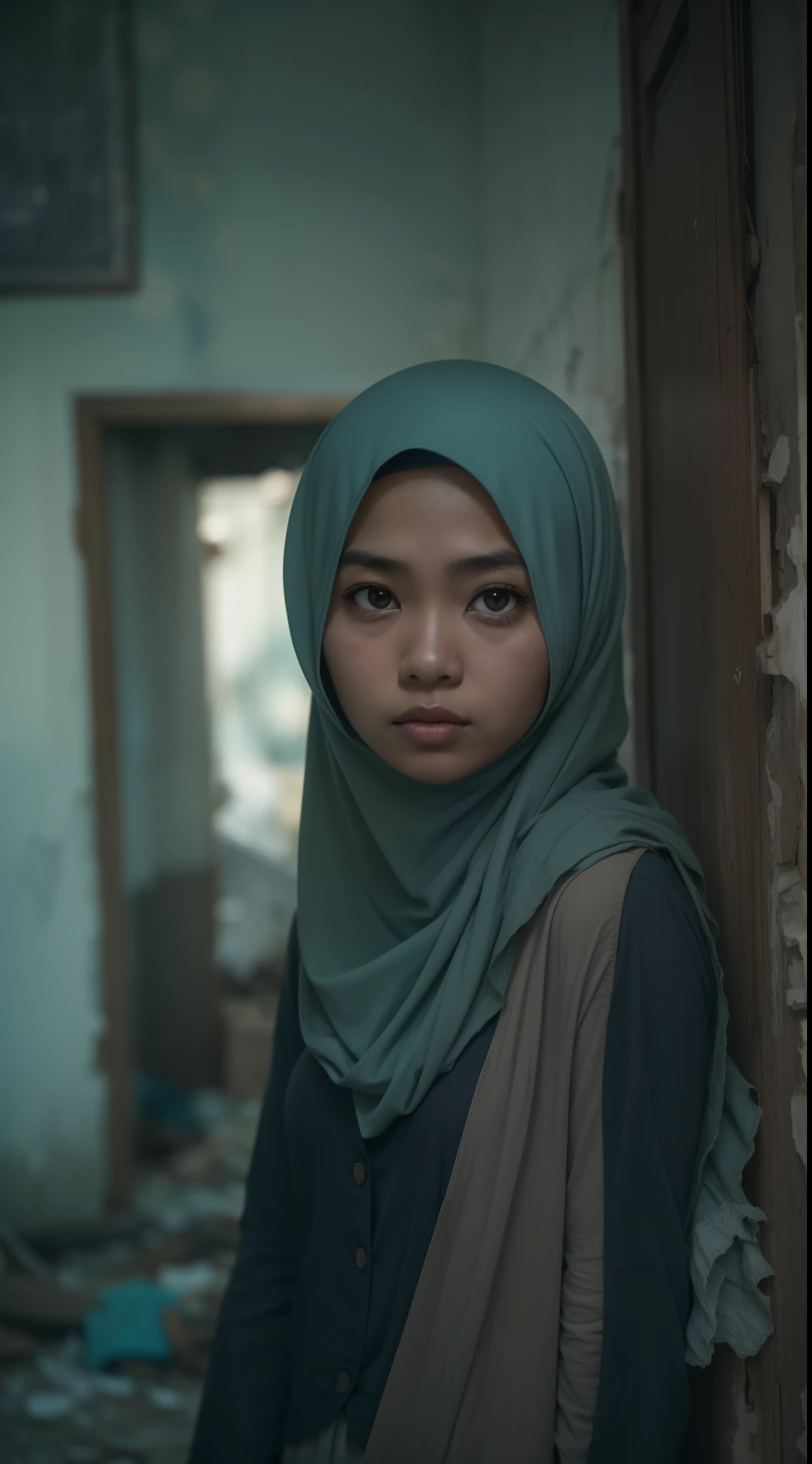 malay girl in hijab in an abandoned house, 28mm, Establishing shot, muted color grading, cinemascope, thriller,