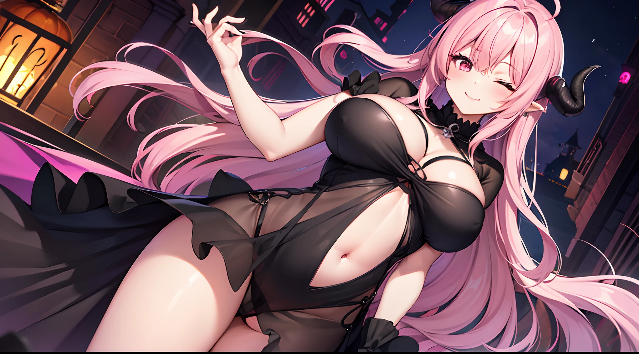 1 girl, game CG, see-through black dress, cleavage visible, navel visible, black panties, devil's tail, devil's horns, gigantic breasts, pink hair, long hair, straight hair, ahoge, pink eyes, smile, one eye closed, halloween background,