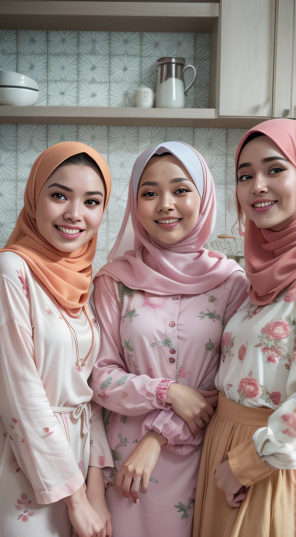 4 beautiful malay girl in pastel color hijab taking picture in modern kitchen, wear pastel red and white baju kurung, friendly and laughing situation, laughing, happy, modern pastel color kitchen, detailed skin texture, soft lighting, pastel color theme, 70mm, High Angle shot, muted color grading, Backlight, cinemascope, Romantic Drama, high quality, ultra detail, 8k resolution,