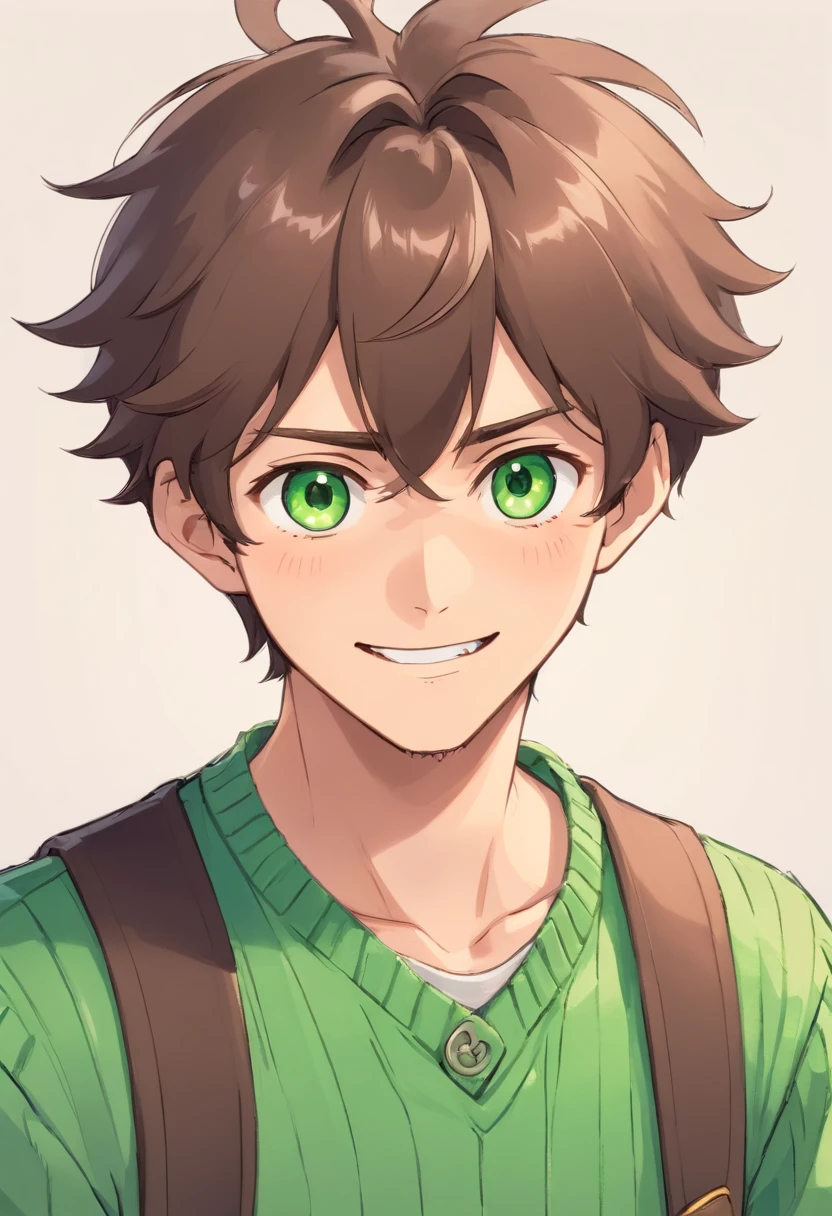 Male, male 18 years old, Scruffy medium brown hair, green eyes, lower lashes, moles on face, scar across face, white button up, green sweater vest, big smile, anime, anime art style, cute, fluffy hair, dynamic pose.
