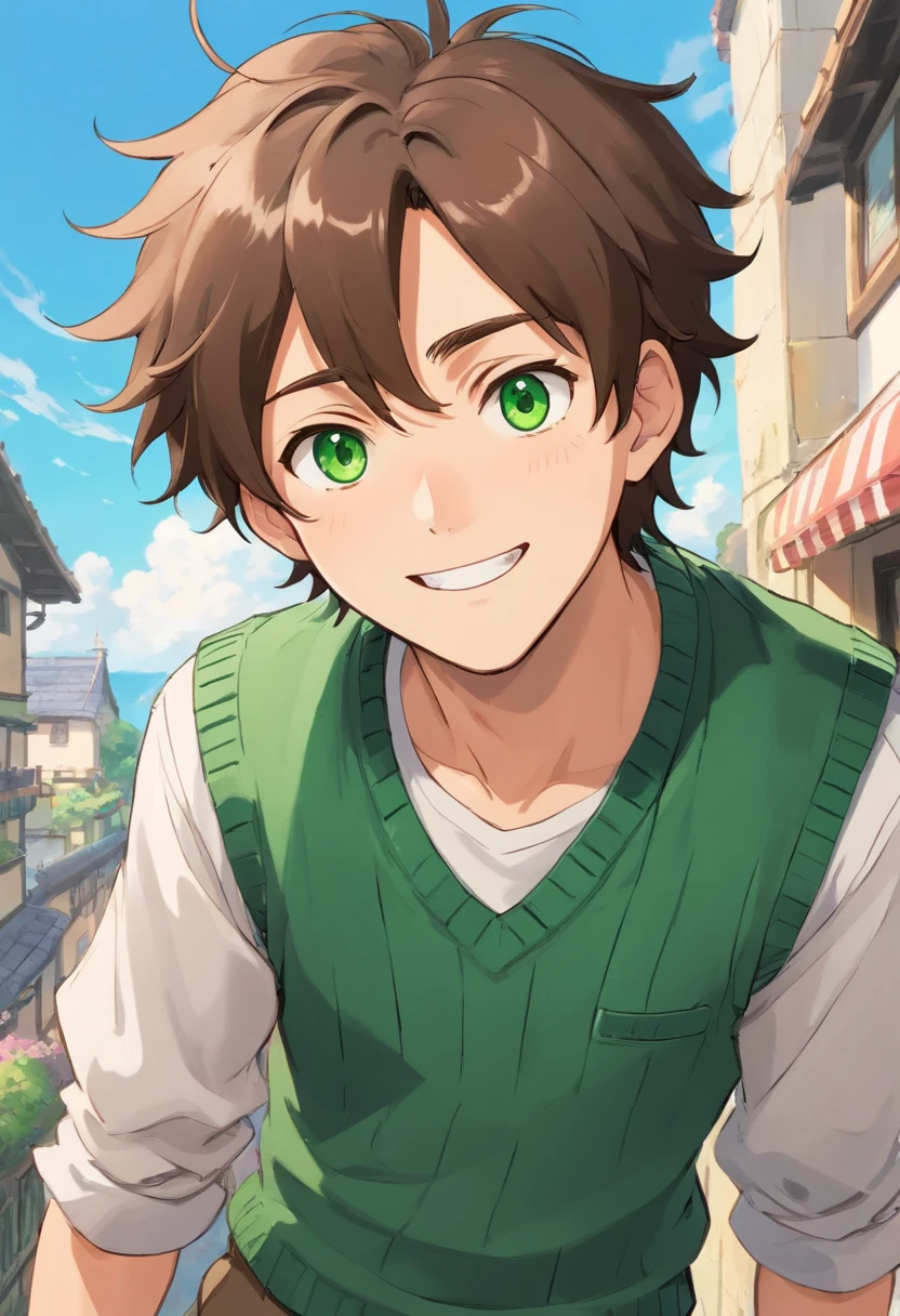 Male, male 18 years old, Scruffy medium brown hair, green eyes, lower lashes, moles on face, scar across face, white button up, green sweater vest, big smile, anime, anime art style, cute, fluffy hair, dynamic pose.