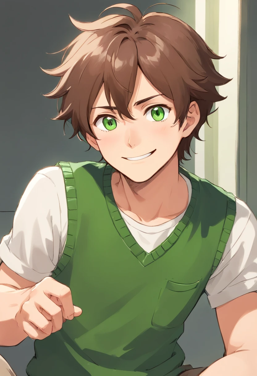 Male, male 18 years old, Scruffy medium brown hair, green eyes, lower lashes, moles on face, scar across face, white button up, green sweater vest, big smile, anime, anime art style, cute, fluffy hair, dynamic pose.