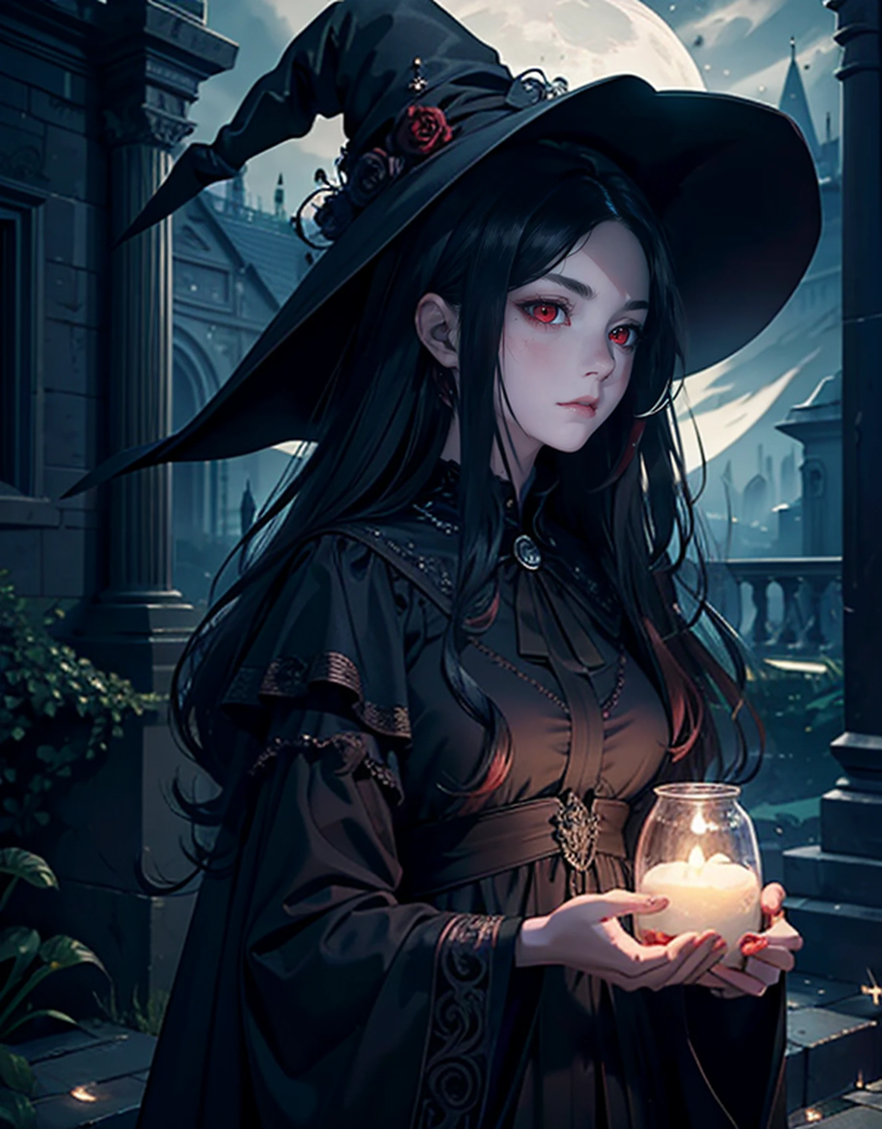 Masterpiece, A spectral witch woman,(Best quality, highly detailed, beautiful and aesthetic:1.2),(delicate and beautiful),(ultra highly detailed CG illustration),(girl:1.1),(red eyes)(big nose:1.2),(europe face), (smirk, furrowed eyebrows),wearing black gown, long cloth,(witch hat),long black hair, beautiful witch, white skin, young woman,make up gothic,(covered), (nightmare setting, outdoor,moon lighting),(illuminated with acid lighting),