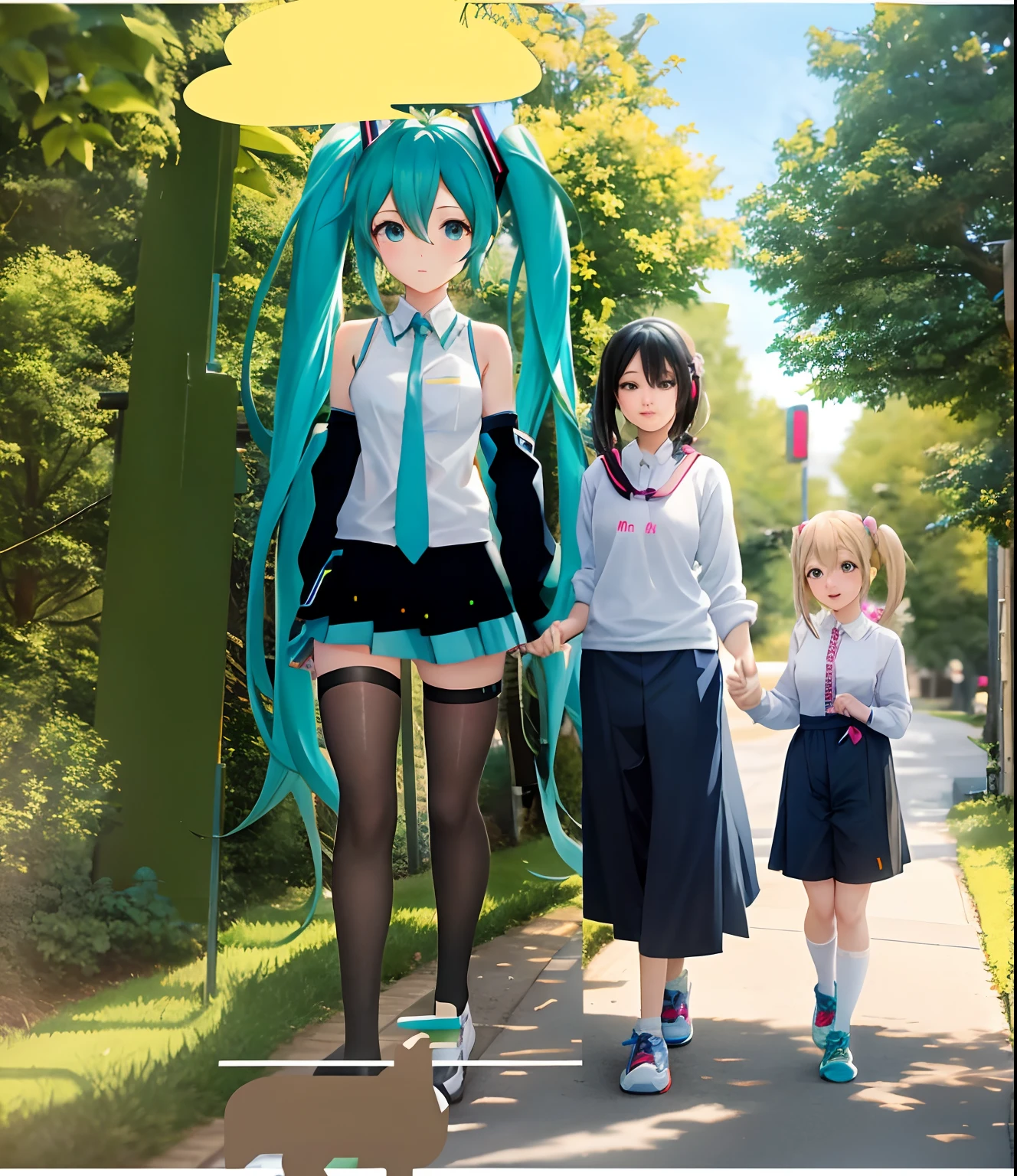 Anime character taking a photo on the sidewalk, Hatsune Miku Cosplay, real life anime girl, Anime girl cosplay, Anime Cosplay, VOCALOID, full-cosplay, Hatsune Miku, Miku, perfect android girl family, sona is a slender, hatsune miku short hair, Mikudayo, anime vtuber full body model, anime masterpiece, Mother,