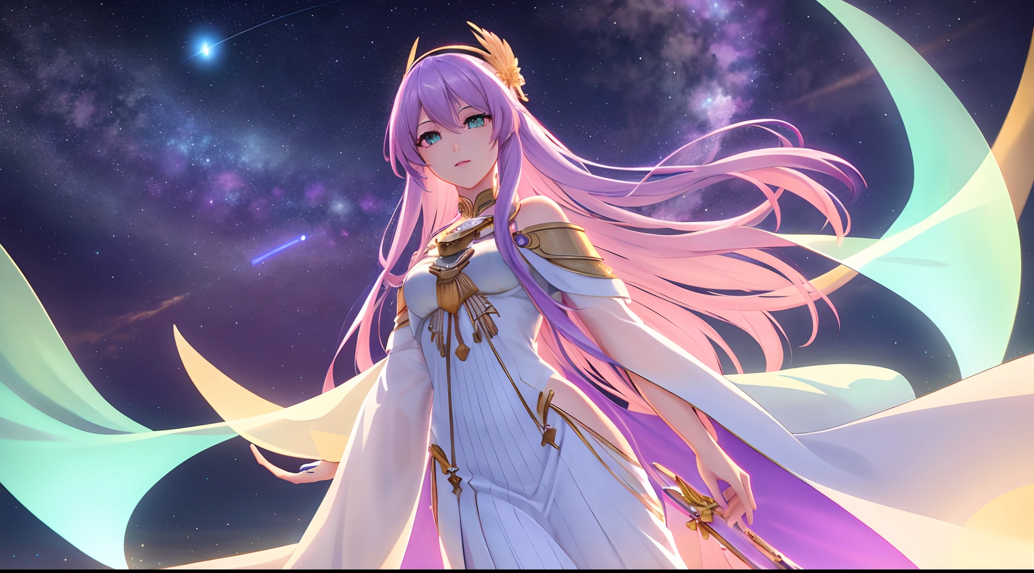 Athena with plain long light purple hair,hair between eyes,green eyes,rosy cheeks,full lips,thin eyebrows,slender body,wearing ethereal cosmic robe and full long skirt,cute anime girl,full body,night sky nebulae in background,anime style,Lumen Reflections,Screen Space Reflections,Diffraction Grading,Chromatic Aberration,GB Displacement,Scan Lines,Ray Traced,Anti-Aliasing,FXAA,TXAA,RTX,SSAO,Shaders,OpenGL-Shaders, GLSL-Shaders,Post Processing,Post-Production,cell Shading,Tone Mapping,CGI,VFX,SFX,insanely detailed and intricate, 4K,standing, solo, masterpiece, best quality, detailed face, detailed eyes, highres, standing, solo,masterpiece, best quality