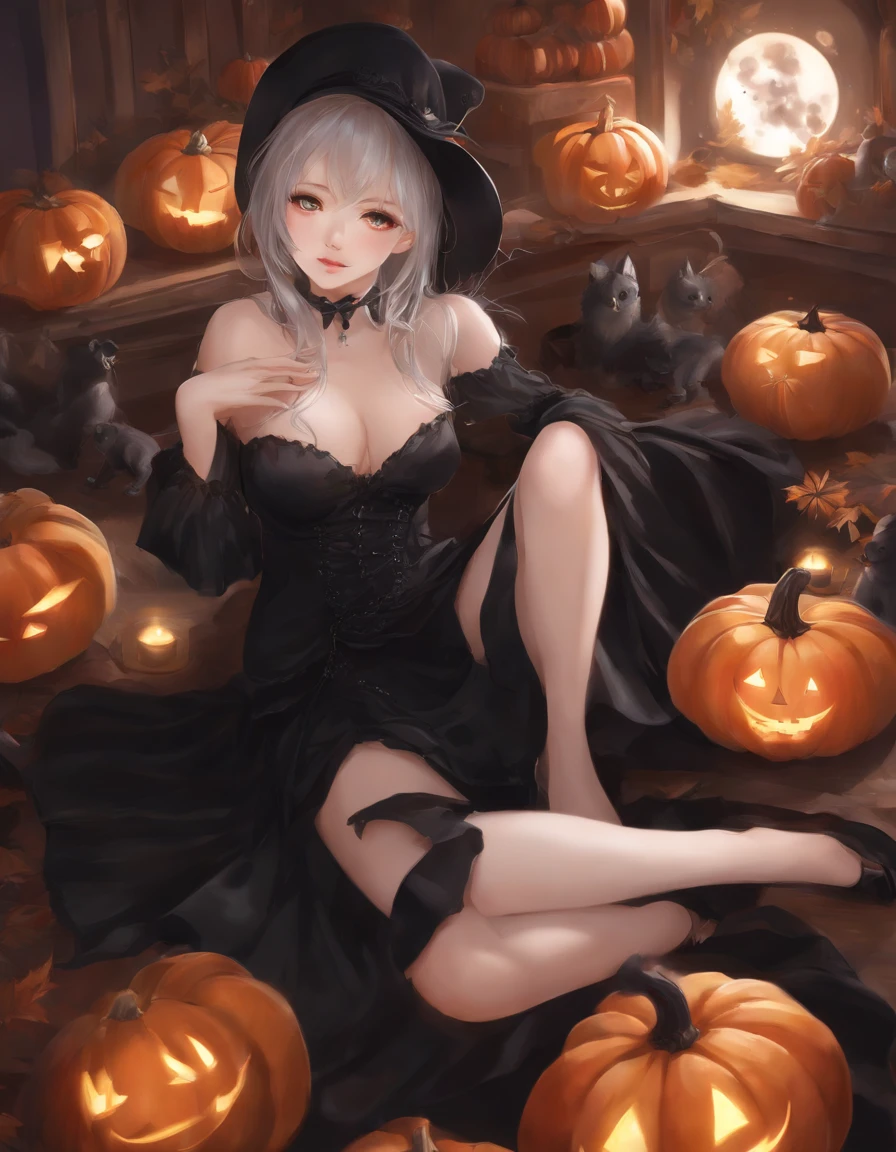 Woman in black dress, splash art anime , Ahegao, halloween art style, very detailed Artgerm, Trending in ArtStation pixiv, nightcore, pixiv, rem rezero, anime moe art style, flirty anime witch casting magic, Seductive Anime Girl, in a halloween style, Top Rated on pixiv