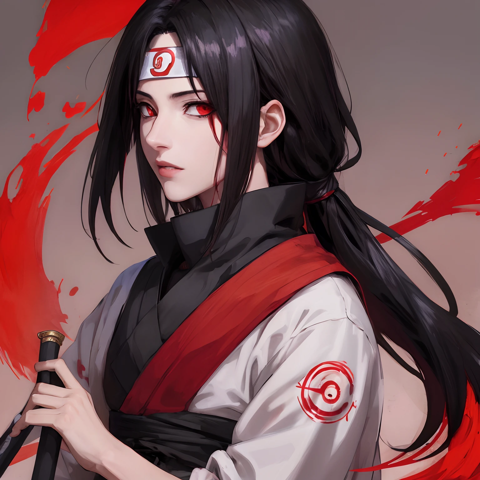 uchiha itachi obra-prima, 8k, melhor qualidade, detalhado na chuva olhos vermelho brilhando escuro azulado, swords, god, blades, samurai