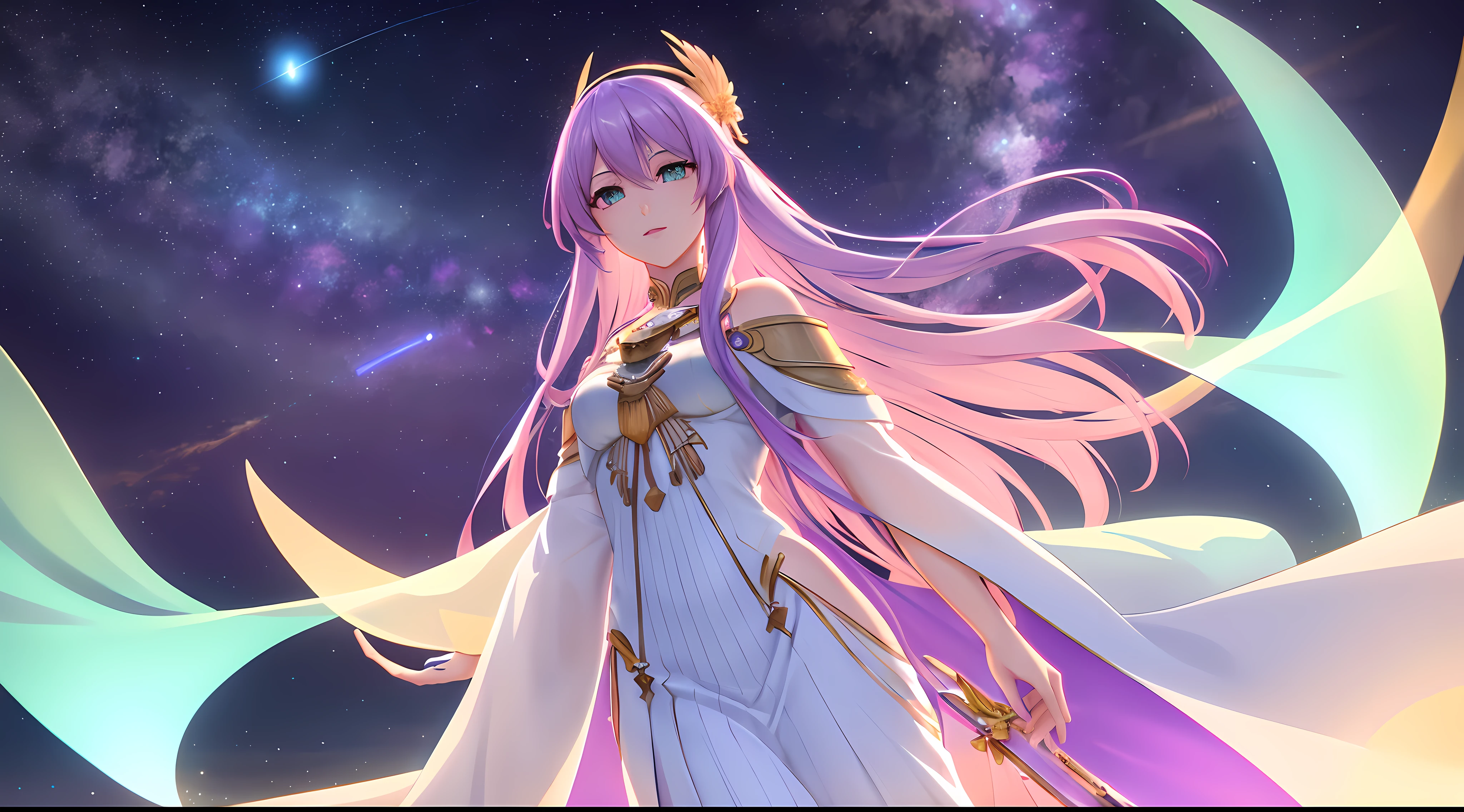 Athena with plain long light purple hair,hair between eyes,green eyes,rosy cheeks,full lips,thin eyebrows,slender body,wearing ethereal cosmic robe and full long skirt,cute anime girl,full body,night sky nebulae in background,anime style,Lumen Reflections,Screen Space Reflections,Diffraction Grading,Chromatic Aberration,GB Displacement,Scan Lines,Ray Traced,Anti-Aliasing,FXAA,TXAA,RTX,SSAO,Shaders,OpenGL-Shaders, GLSL-Shaders,Post Processing,Post-Production,cell Shading,Tone Mapping,CGI,VFX,SFX,insanely detailed and intricate, 4K,standing, solo, masterpiece, best quality, detailed face, detailed eyes, highres, standing, solo,masterpiece, best quality