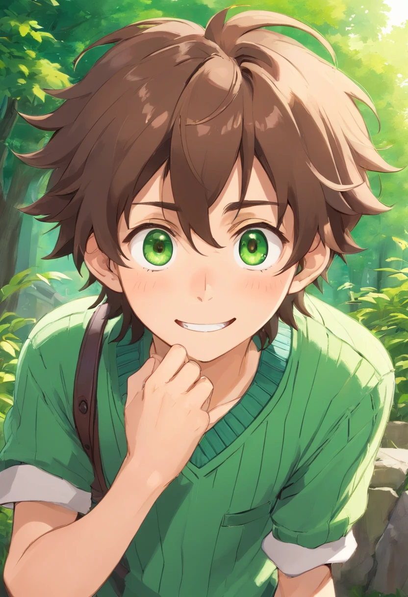 Male, male 18 years old, Scruffy medium length brown hair, green eyes, lower eyelashes, moles on face, moles, scar across face, scar on face, white button up, green sweater vest, big smile, anime, anime art style, fluffy hair, dynamic pose.
