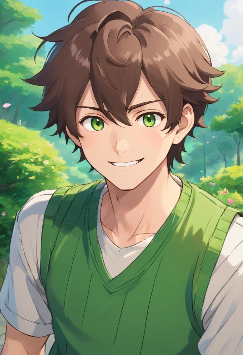 Male, male 18 years old, Scruffy medium length brown hair, green eyes, lower eyelashes, moles on face, moles, scar across face, scar on face, white button up, green sweater vest, big smile, anime, anime art style, fluffy hair, dynamic pose.
