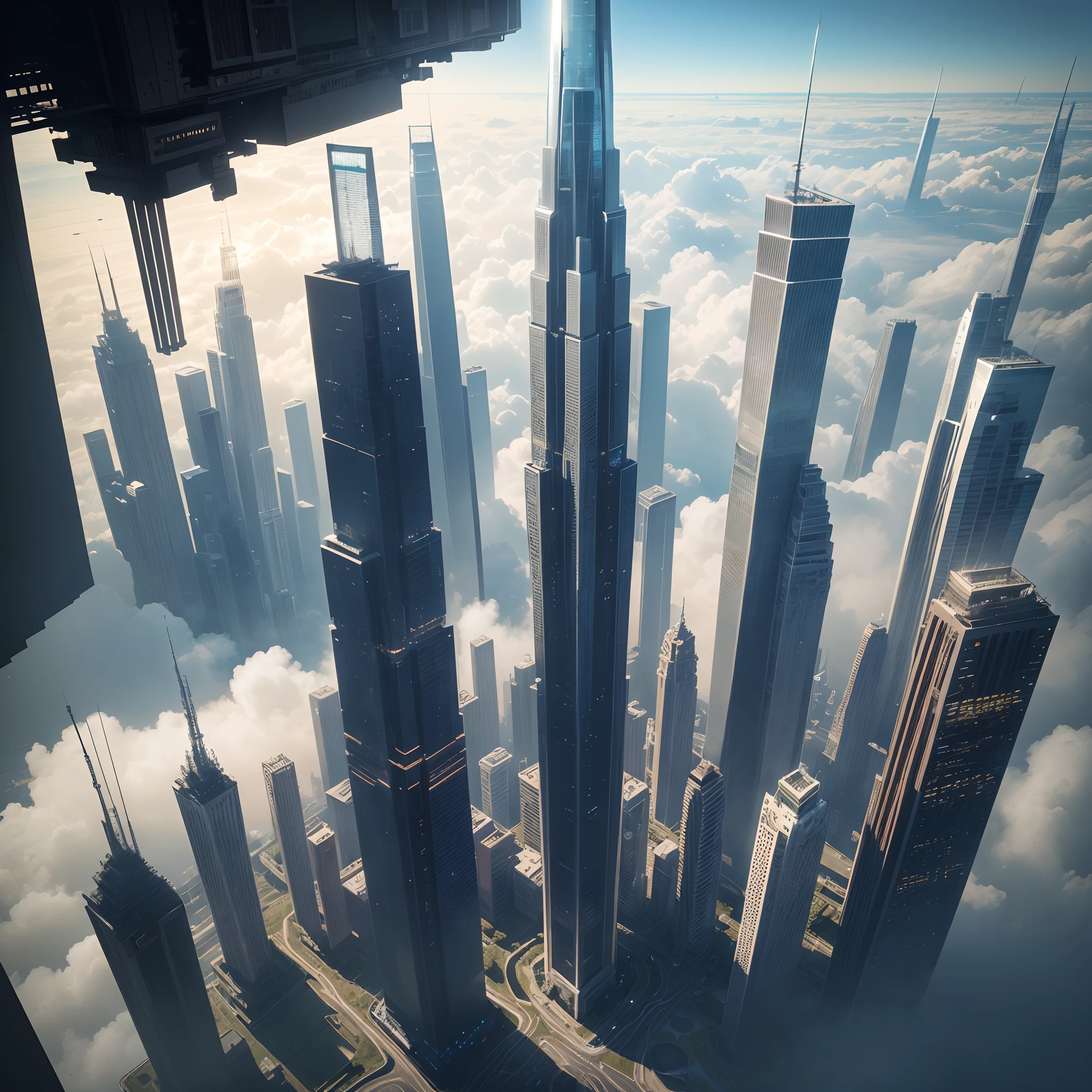 8K，hight resolution,masutepiece:1.2),Ultra-detailed,(Realistic,Photorealistic,Photorealsitic:1.37),Futuristic skyline of towering skyscrapers, Height through the clouds，A futuristic world, planet earth， Glass skyscraper, The height of the building is 30 times higher than normal, Megacities, Fantasia