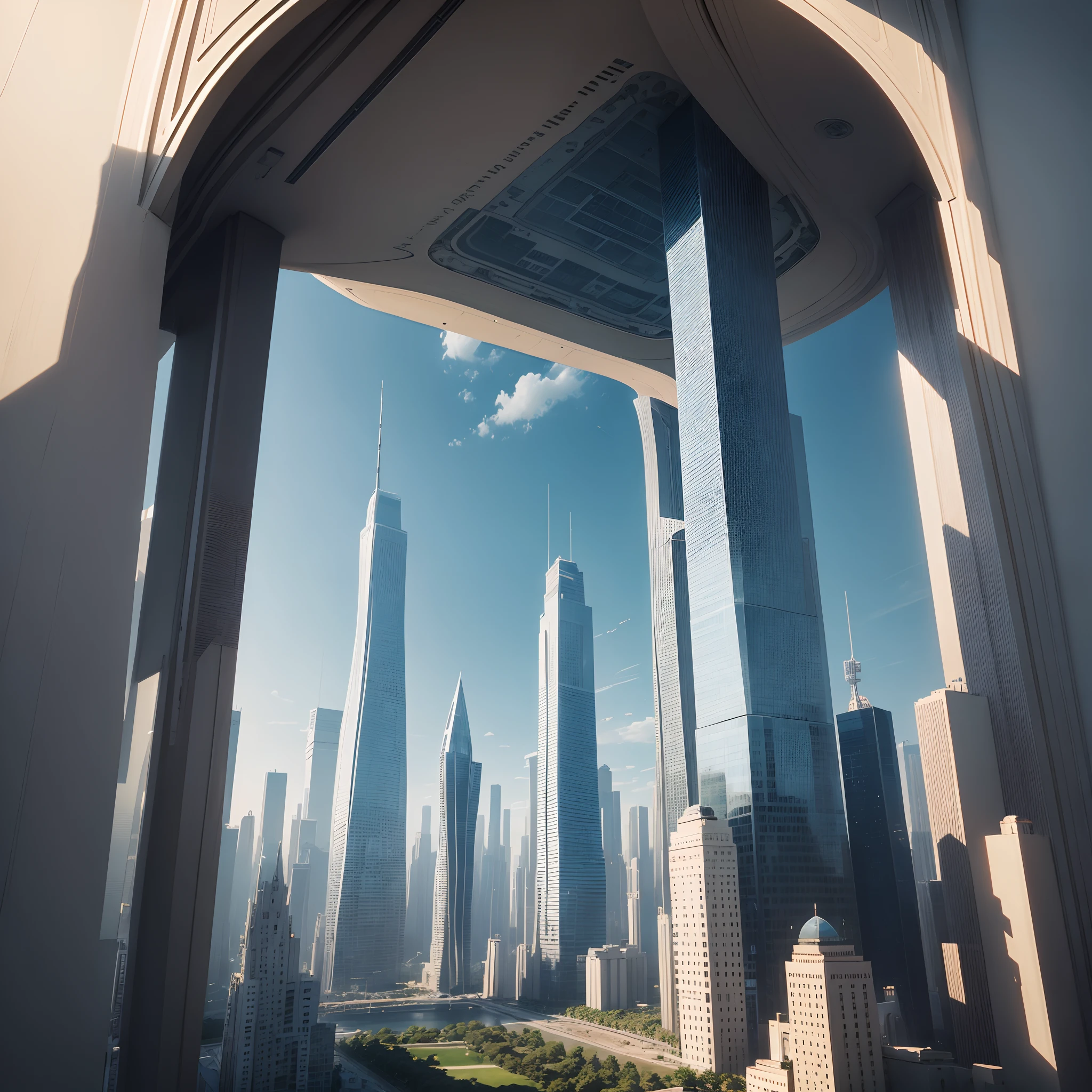 Best Quality,4K,8K,hight resolution,masutepiece:1.2),Ultra-detailed,(Realistic,Photorealistic,Photorealsitic:1.37),Futuristic skyline of towering skyscrapers, A futuristic world, planet earth, Glass skyscraper, The height of the building is 30 times higher than normal, Megacities, FantasiaSFart by,A building far beyond the imagination of mankind,A WORLD,