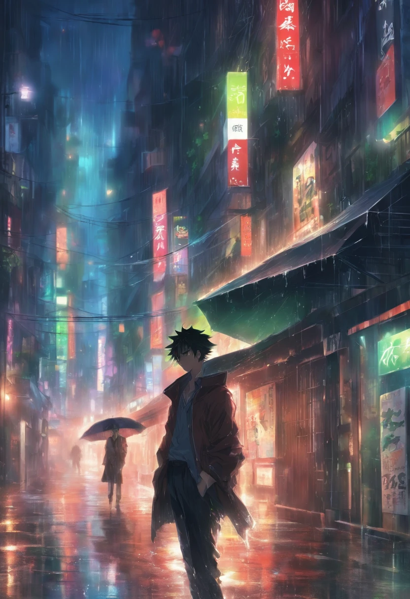 Masterpiece, Best quality, 1homme, cheveux bruns, yeux verts, 1homme,cheveux noirs, yeux rouges, face away, Tense atmosphere, in a street soaked by rain at night