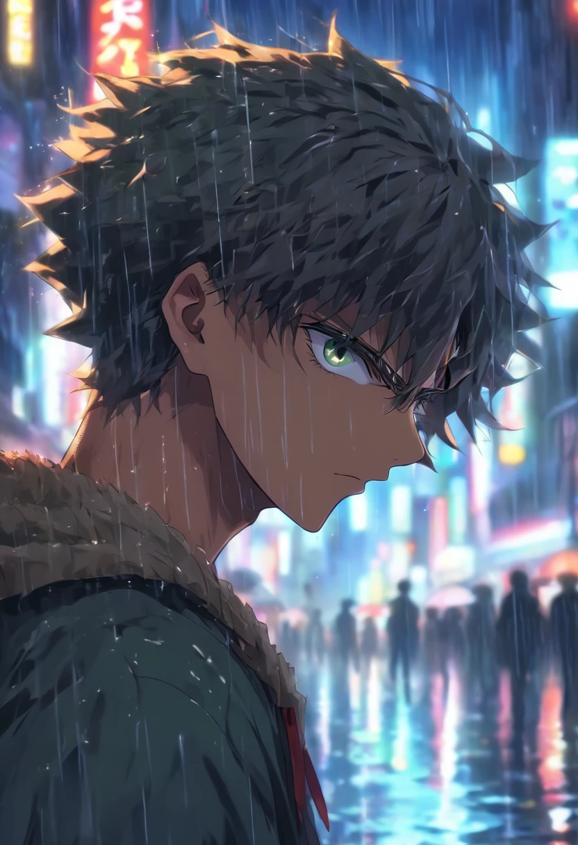 Masterpiece, Best quality, 1homme, cheveux bruns, yeux verts, 1homme,cheveux noirs, yeux rouges, face away, Tense atmosphere, in a street soaked by rain at night