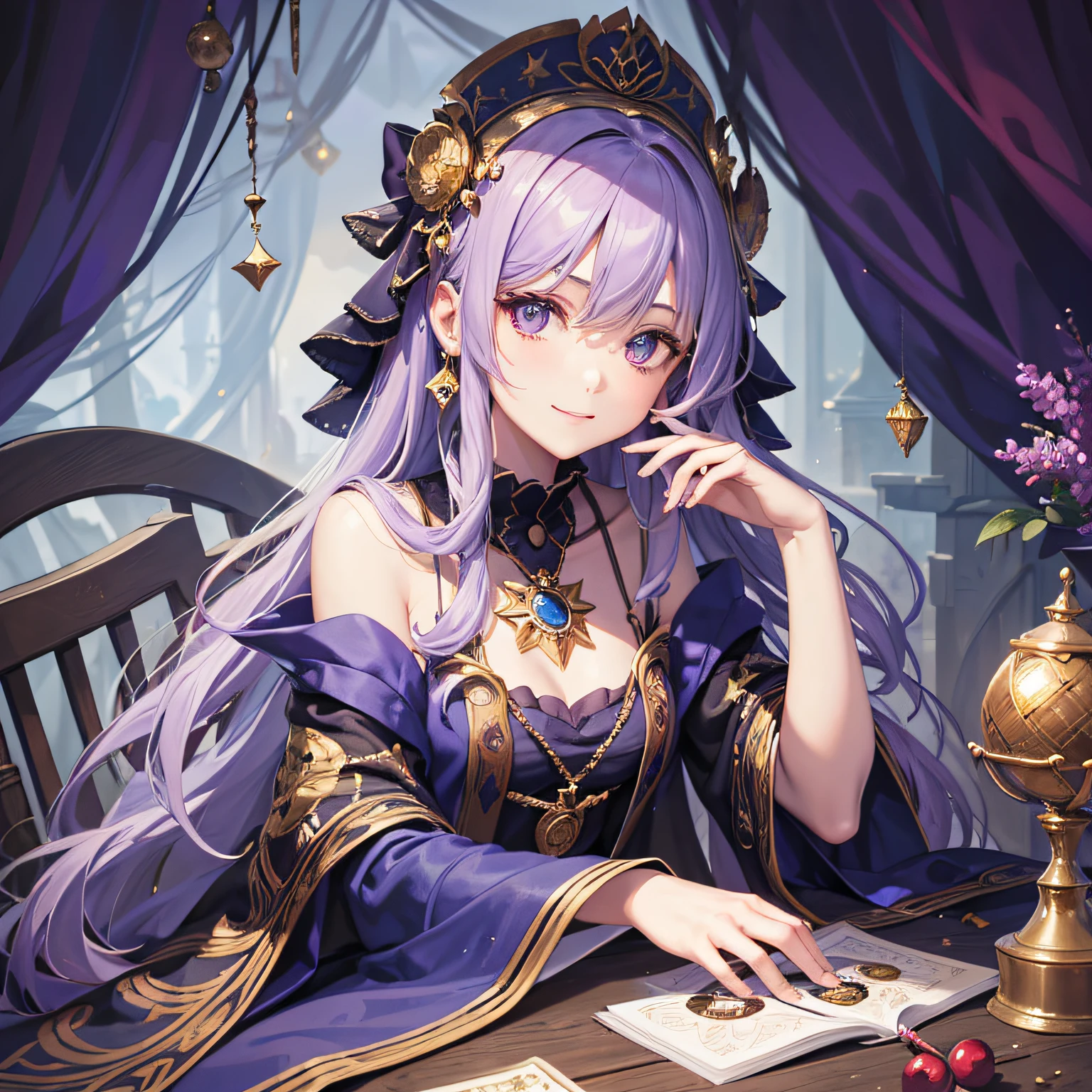 (masterpiece, top quality, best quality, official art, beautiful and aesthetic:1.2), (1girl:1.3), wavy long hair, light purple hair, extremely detailed, portrait, looking at viewer, solo, (full body:0.6), detailed background, close up, glowing eyes, (cold arctic winter theme:1.1), fortune teller, charlatan, smirk, mysterious, sitting at table, colorful shoulderless loose gypsy fortune teller clothes,      chalice,   tarot cards, crystal ball,  medieval (tent interior:1.1) background, tent curtains in background, dark mysterious lighting, shadows, magical atmosphere, starry night,, dutch angle