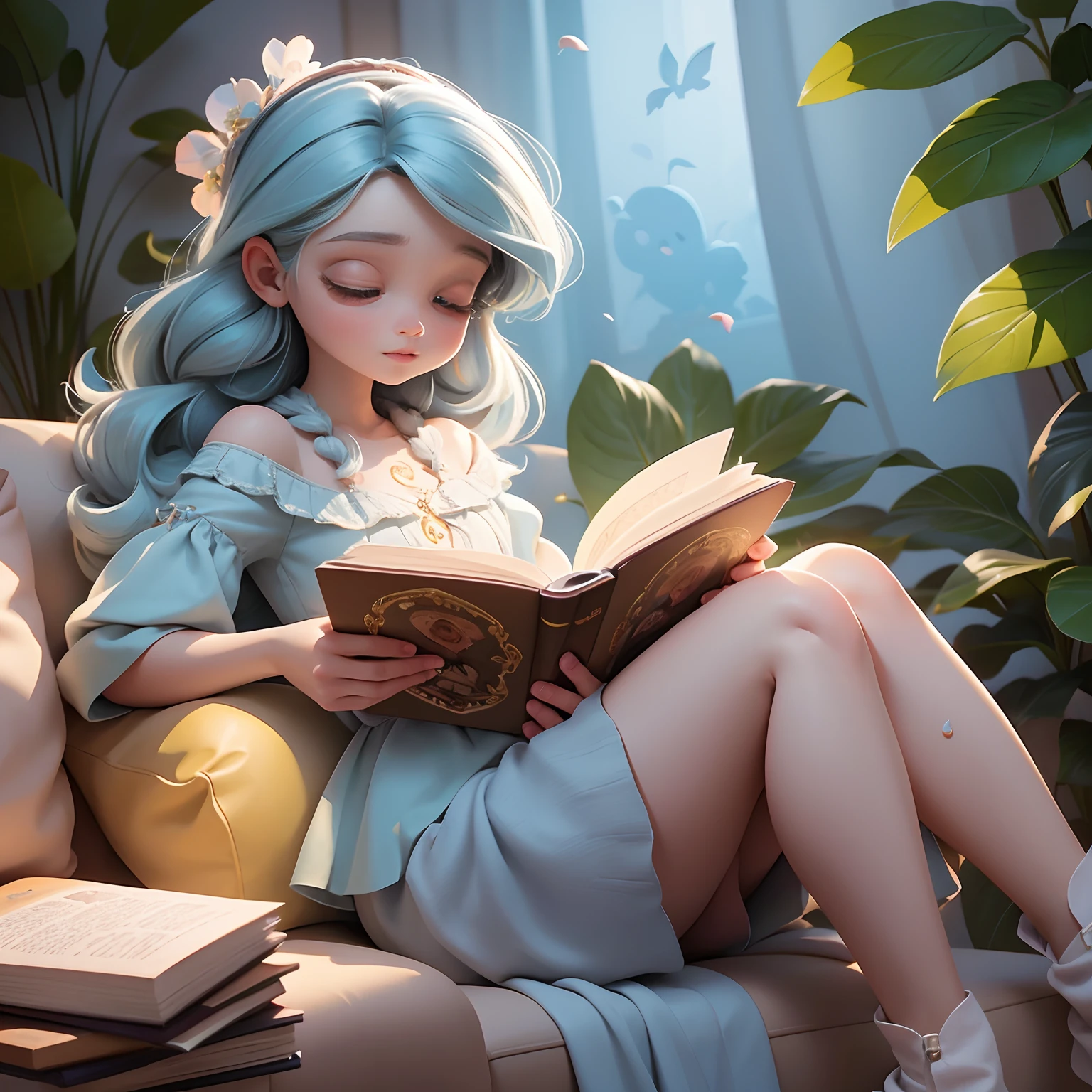 A woman sitting on a sofa reading a book, pequenas borboletas azuis sobrevoam o livro com se estivessem saindo do livro, painting digital adorable, bela arte digital, pintura realista da menina bonito, arte digital detalhada bonito, pintura de personagem bonita, Lendo novo livro, in style of disney animation, bela arte digital, very magical and dreamy, Beautiful digital illustration, story book, fada do livro adulto bonita, arte de pintura digital dos desenhos animados