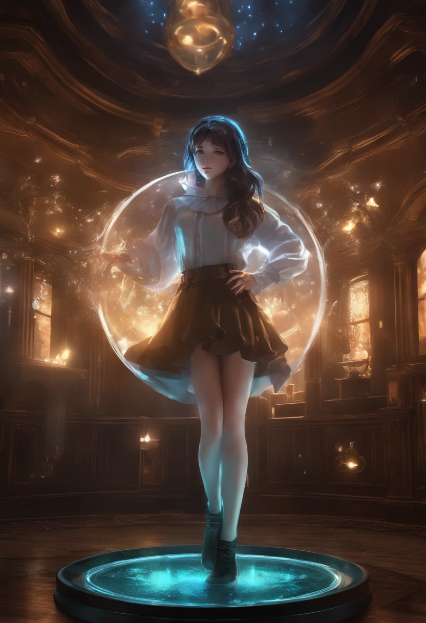 Masterpiece, high resolution, Anime style beautiful girl, In a filthy beaker, In ingress liquids, human - shaped, Magical Circle, Small room with phosphorescent flash, Perfect beautiful girl, , glowing from within, staring at the audience, Laughter, 3D rendering of, Perspective, Amazing anime illustrations, impressive lighting, Fantastic, dangerous, horrid