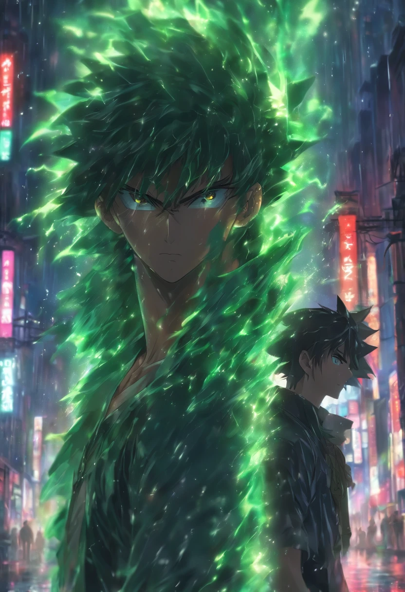 Masterpiece, Best quality, 2hommes, cheveux bruns, yeux verts, cheveux noirs, yeux rouges, face away, Tense atmosphere, in a street soaked by rain at night, 16k