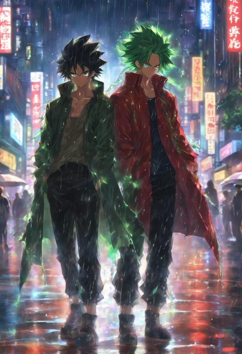 Masterpiece, Best quality, 2hommes, cheveux bruns, yeux verts, cheveux noirs, yeux rouges, face away, Tense atmosphere, in a street soaked by rain at night, 16k