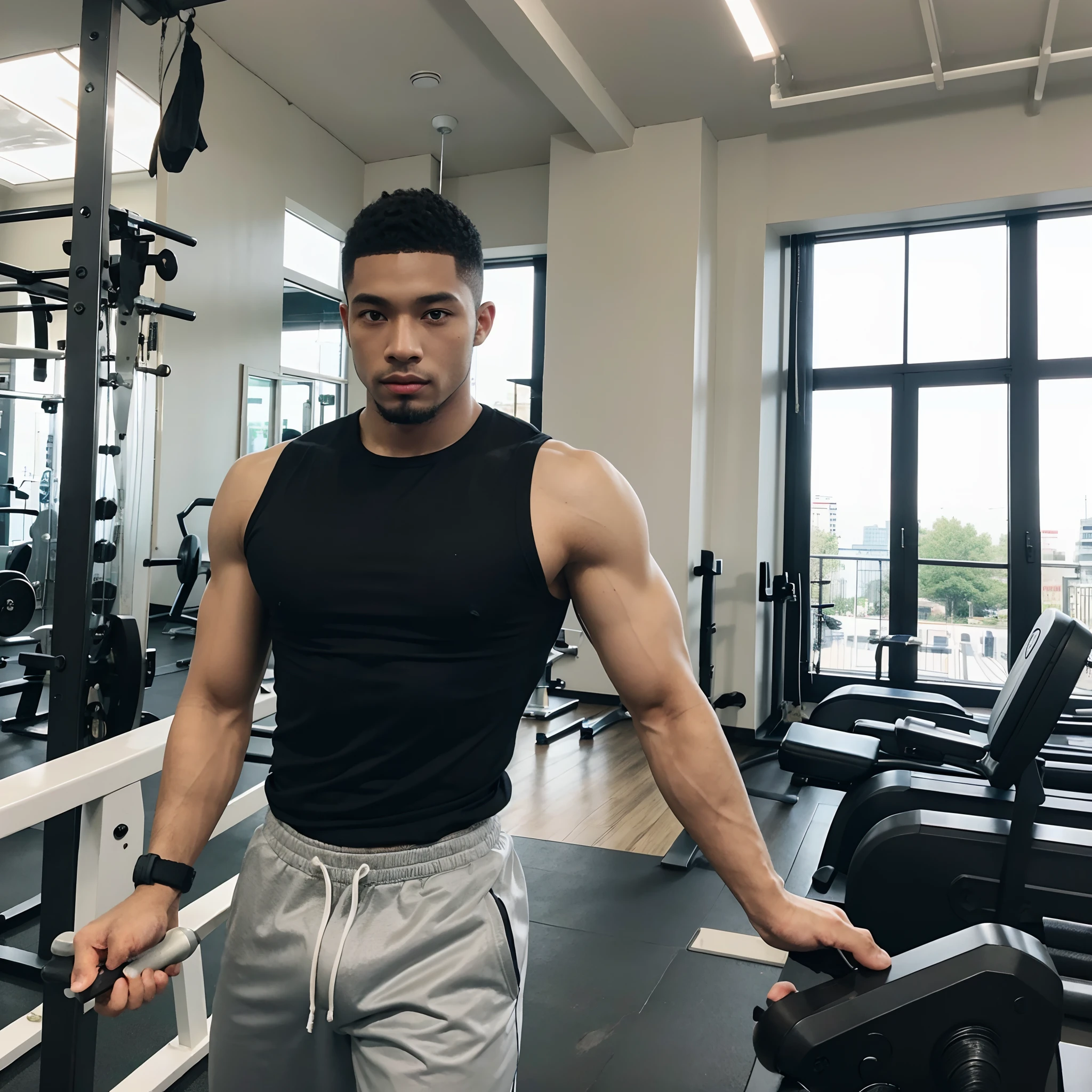 A Handsome 27 Yrs Old black male, young, American (African-American), dark skin tone. He has White hair, hair is white, platinum hair, pale hair. He is beardless, Eye Color is Brown, Athletic Body, Average Athletic Chest, at the gym, gym wear, gym setting, alone in gym, busy, glass walls, day time, photorealistic, very detailed