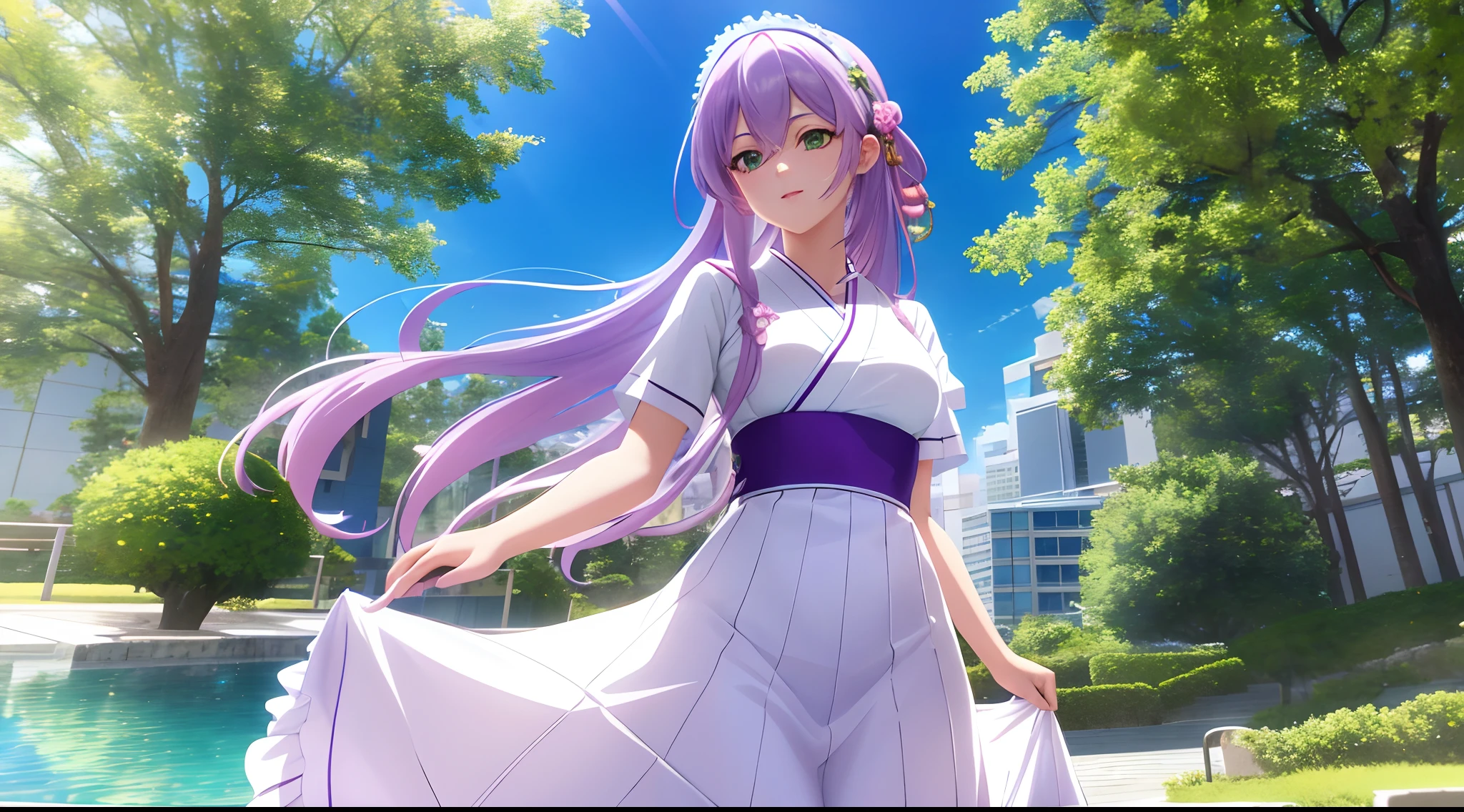 Athena with plain long light purple hair,hair between eyes,green eyes,rosy cheeks,full lips,thin eyebrows,slender body,wearing japanese maid dress and full long skirt,cute anime girl,full body,hotel in background,anime style,Lumen Reflections,Screen Space Reflections,Diffraction Grading,Chromatic Aberration,GB Displacement,Scan Lines,Ray Traced,Anti-Aliasing,FXAA,TXAA,RTX,SSAO,Shaders,OpenGL-Shaders, GLSL-Shaders,Post Processing,Post-Production,cell Shading,Tone Mapping,CGI,VFX,SFX,insanely detailed and intricate, 4K,standing, solo, masterpiece, best quality, detailed face, detailed eyes, highres, standing, solo,masterpiece, best quality