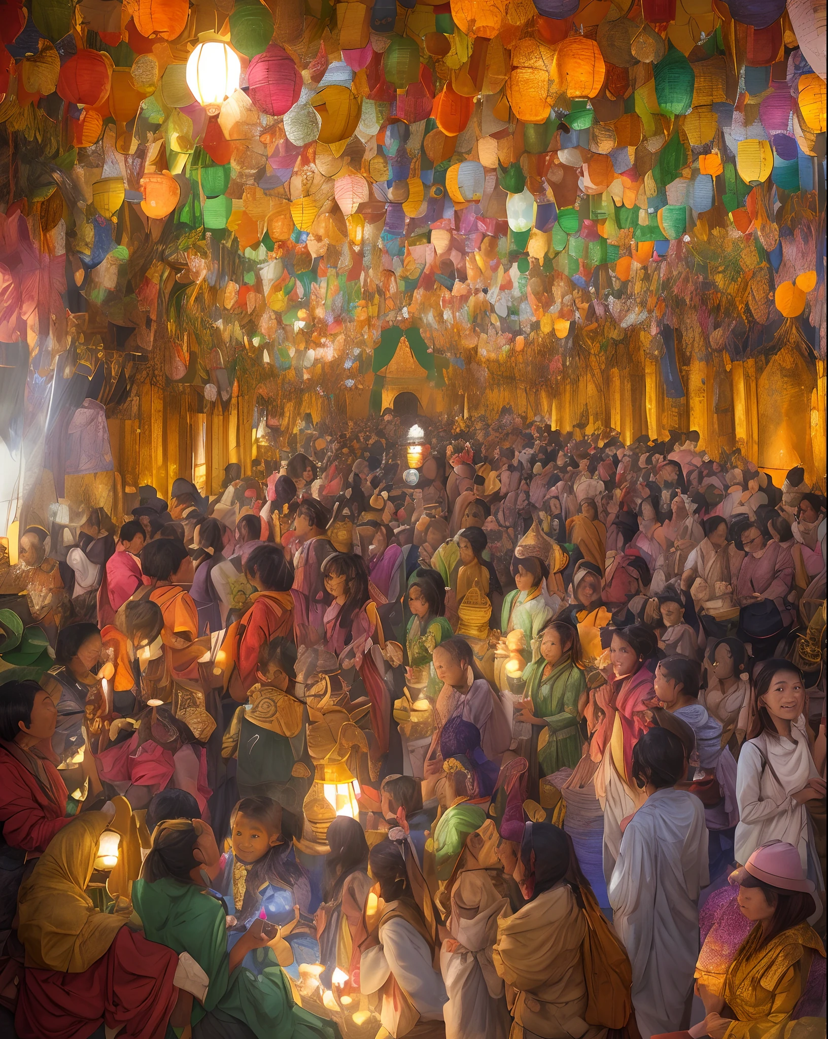 very happy people with lantern in sunlight, in monestry, Myanmar Thadinkyut festival