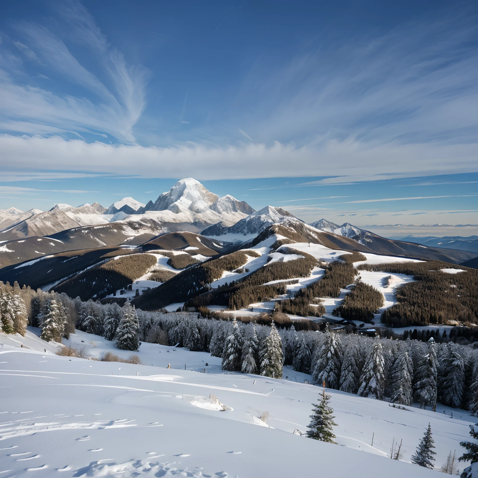 On a mountain with snow falling from the sky, looking towards other mountains. Beautiful views