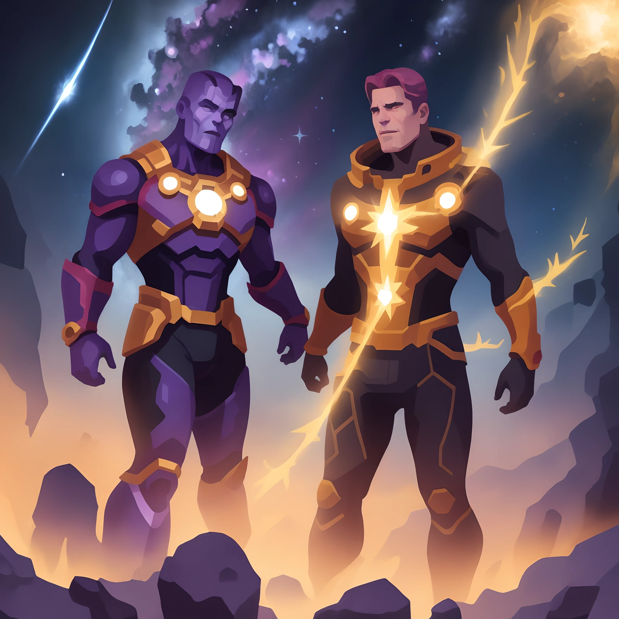 Thanos avec le gant de l infini et une couronne galactique et il a un oeuil en moin et des cicatrices