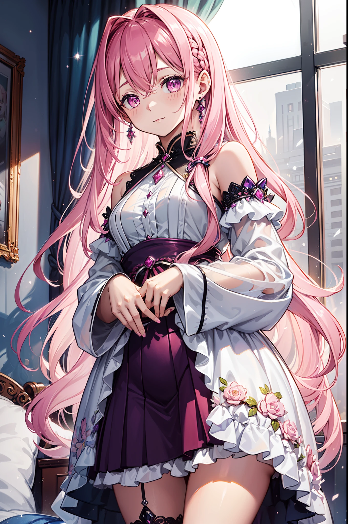 The combination of modern clothing makes it stylish and unusual,Ultra-detailed, ((Long pink wavy hair)),teens girl,Enchanted,Alluring sparkling purple gemstone eyes,She has earrings,Clothes that are mainly light white,((Transparent clothes)),the night,Dim light,Movie lighting,A small amount of gloss,She appeared in the bedroom of a luxury hotel,Seductive pose
