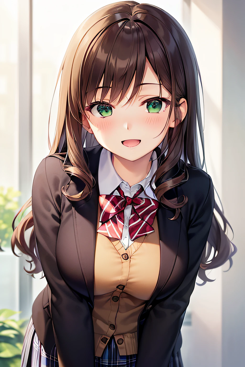 ((masutepiece, Best Quality, hight resolution, nffsw, Perfect Pixel, depth of fields, 4K, nffsw, nffsw))), 1girl in, Single, Solo, Beautiful anime girl, Beautiful Art Style, Anime Character, ((Long hair, Bangs, dark brown hair, Curly hair:0.8)), ((Green eyes:1.4, Detailed eyes, Beautiful eyes, Perfect eyes,Curly eyelashes, Realistic eyes)), ((Detailed face, Blushing:1.2)), ((Smooth texture:0.75, Realistic texture:0.5, Anime CG style)), medium breasts, Dynamic Angle, busty, Perfect body, Dynamic Pose, ((red bowtie, School uniform, Black jacket, Open jacket, Brown cardigan, White shirt, Black skirt, plaid skirts)), Smile, Open mouth, arms behind back, Leaning forward, Amulment Park, ((close up, POV, Cute, Shoot in the face))