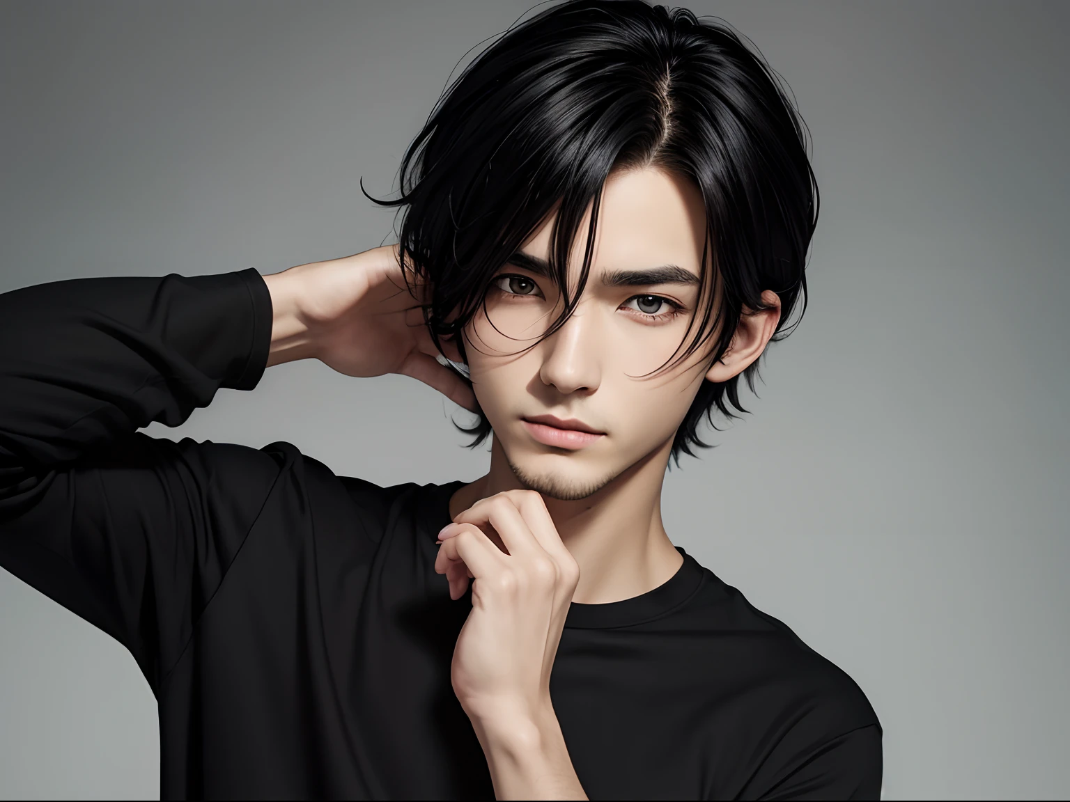 (tmasterpiece,best qualtiy),of a guy,Touch your chin to think,with short black hair,Split head,black t-shirts