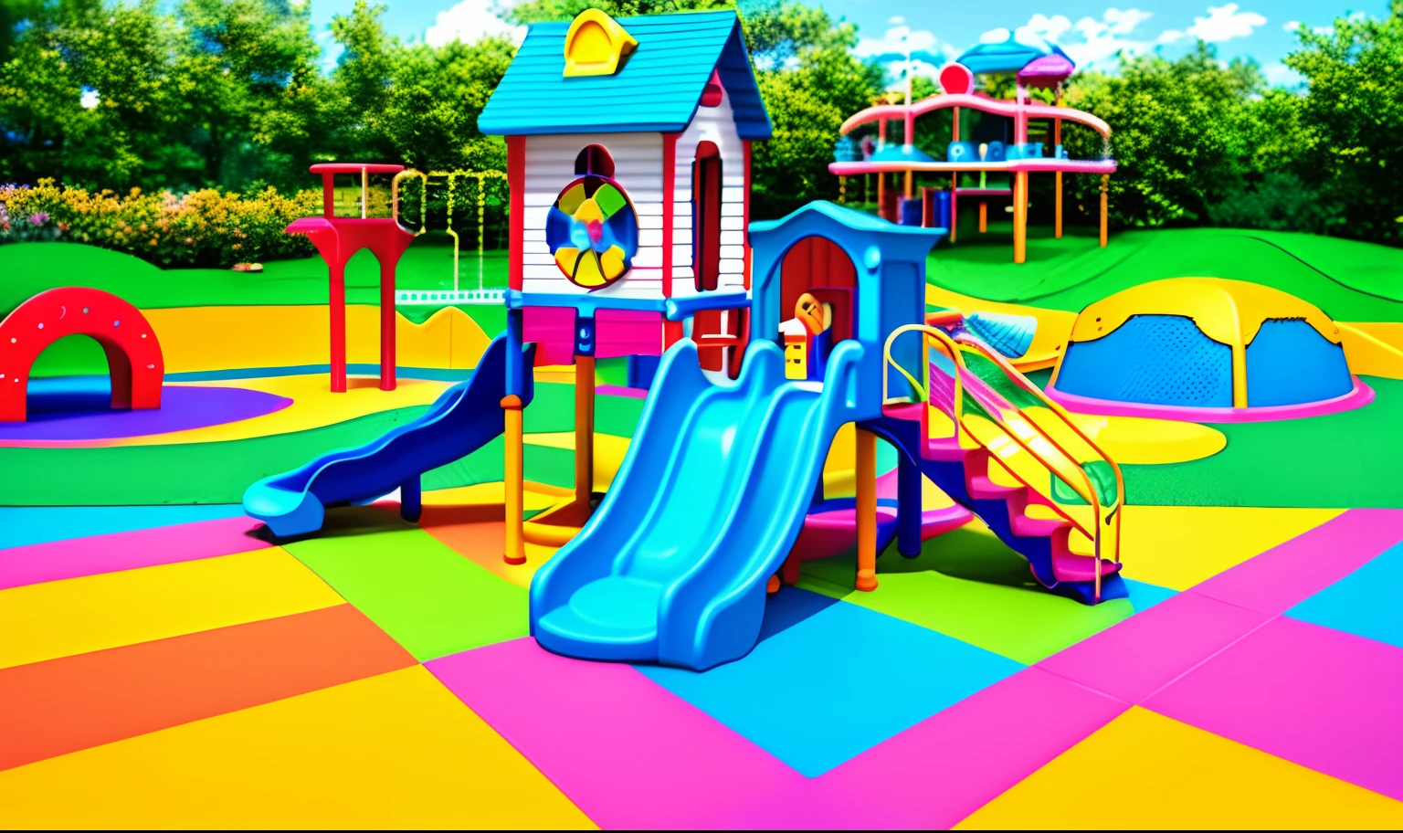 there is a colorful playground set with a slide and a house, playground, activity play centre, color slide, urban playground, playful,theme park, soft!!, colorful scene, high quality product image, Anime style”