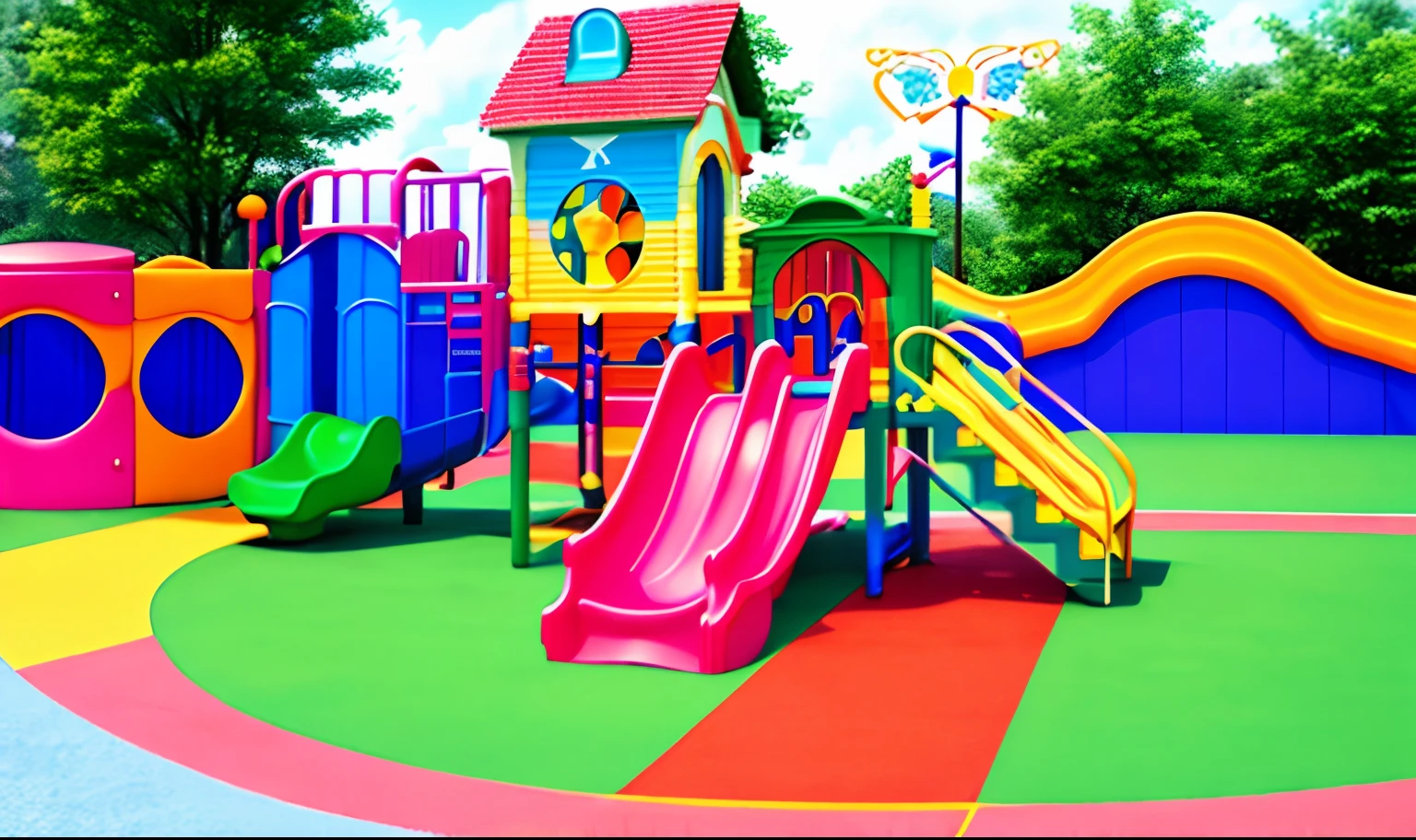 there is a colorful playground set with a slide and a house, playground, activity play centre, color slide, urban playground, playful,theme park, soft!!, colorful scene, high quality product image, Anime style”