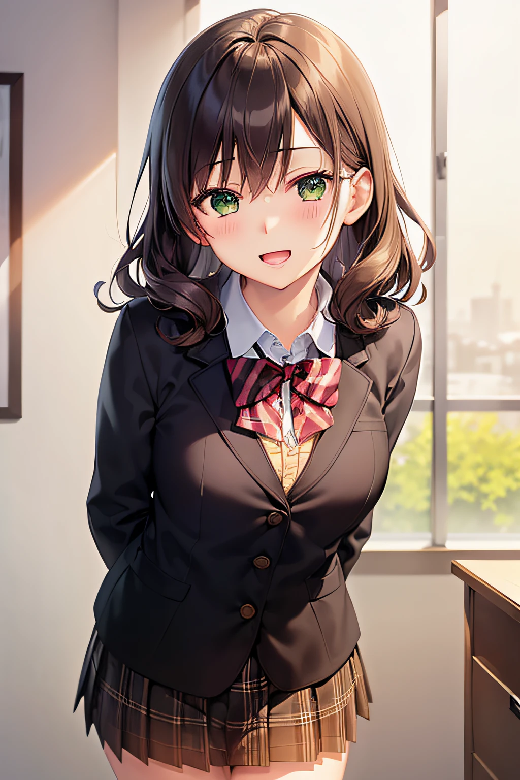 ((masutepiece, Best Quality, hight resolution, nffsw, Perfect Pixel, depth of fields, 4K, nffsw, nffsw))), 1girl in, Single, Solo, Beautiful anime girl, Beautiful Art Style, Anime Character, ((Long hair, Bangs, dark brown hair, Curly hair:0.8)), ((Green eyes:1.4, Detailed eyes, Beautiful eyes, Perfect eyes,Curly eyelashes, Realistic eyes)), ((Detailed face, Blushing:1.2)), ((Smooth texture:0.75, Realistic texture:0.5, Anime CG style)), medium breasts, Dynamic Angle, busty, Perfect body, Dynamic Pose, ((red bowtie, School uniform, Black jacket, Open jacket, Brown cardigan, White shirt, Black skirt, plaid skirts)), Smile, Open mouth, arms behind back, Leaning forward, Amulment Park, ((close up, POV, Cute, Shoot in the face))