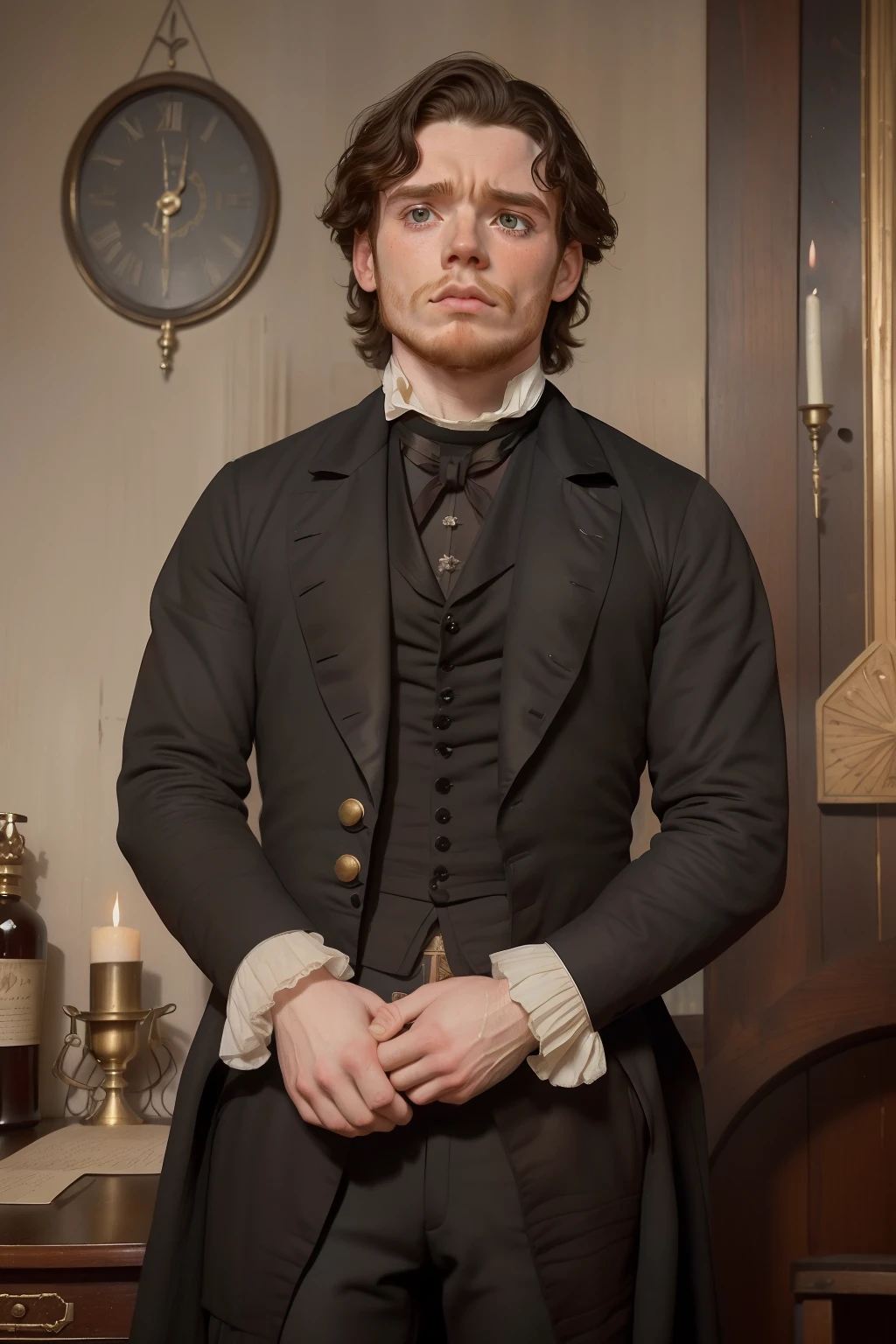 year: 1849. Location: Rock Island, Illinois. Pre-Raphaelite scene with a 31-year-old Richard Madden, sad, devastated, crying, tears, teary eyes, horror expression, quiver, gasp, ((((Clothing from the 1840s)))) ((Hairstyle of the 1840s)), ((("OMITB" cinematography)))