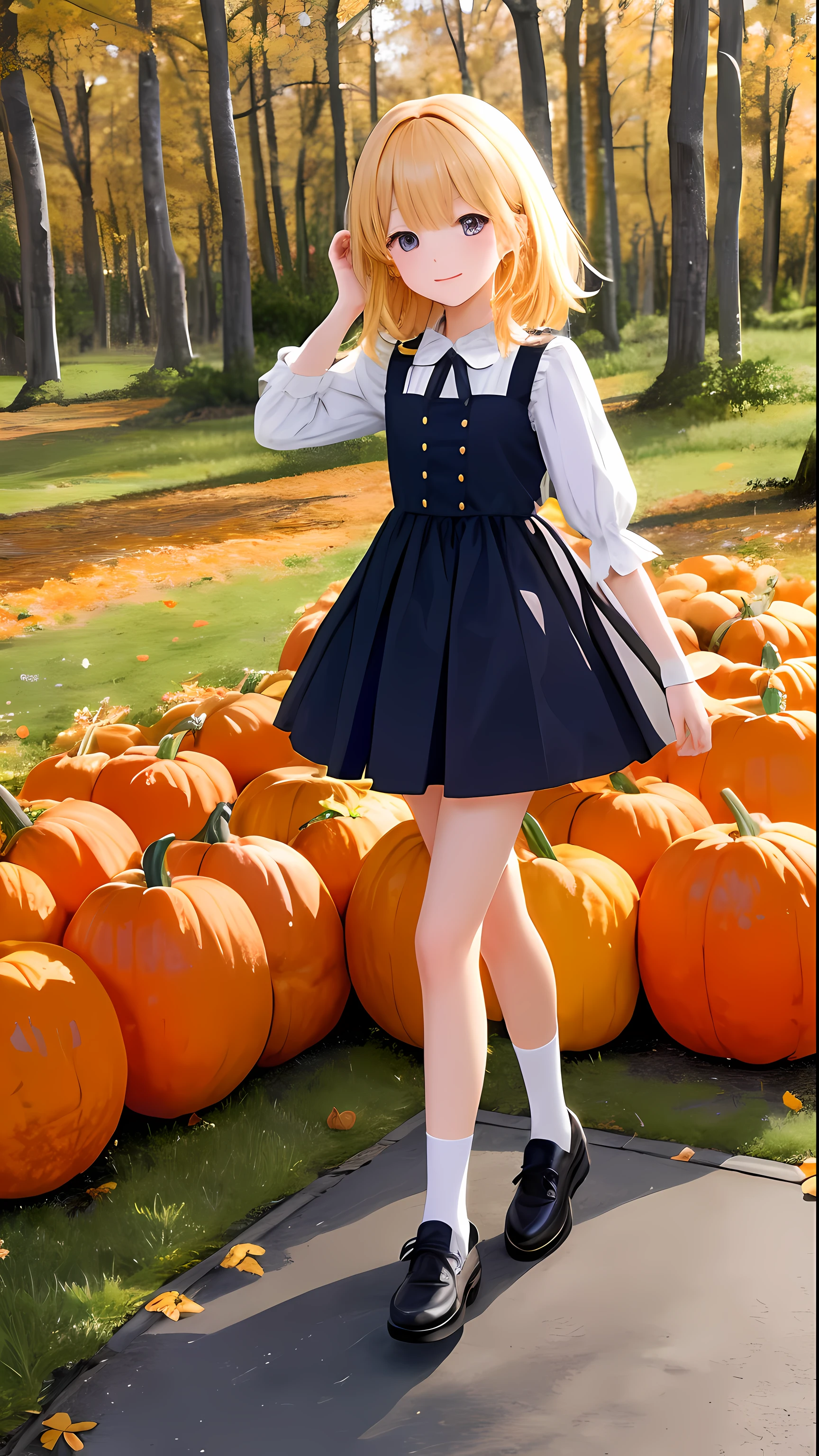 1 fille, Blonde, Simple Decor, woods, arbres, high resolucion, anime girl, Visage heureux, couleurs d'automne, Butternut trees, potiron, Citrouilles sur tout le sol, beaucoup de citrouilles, beaucoup de potirons, doubeurre, beaucoup de doubeurre