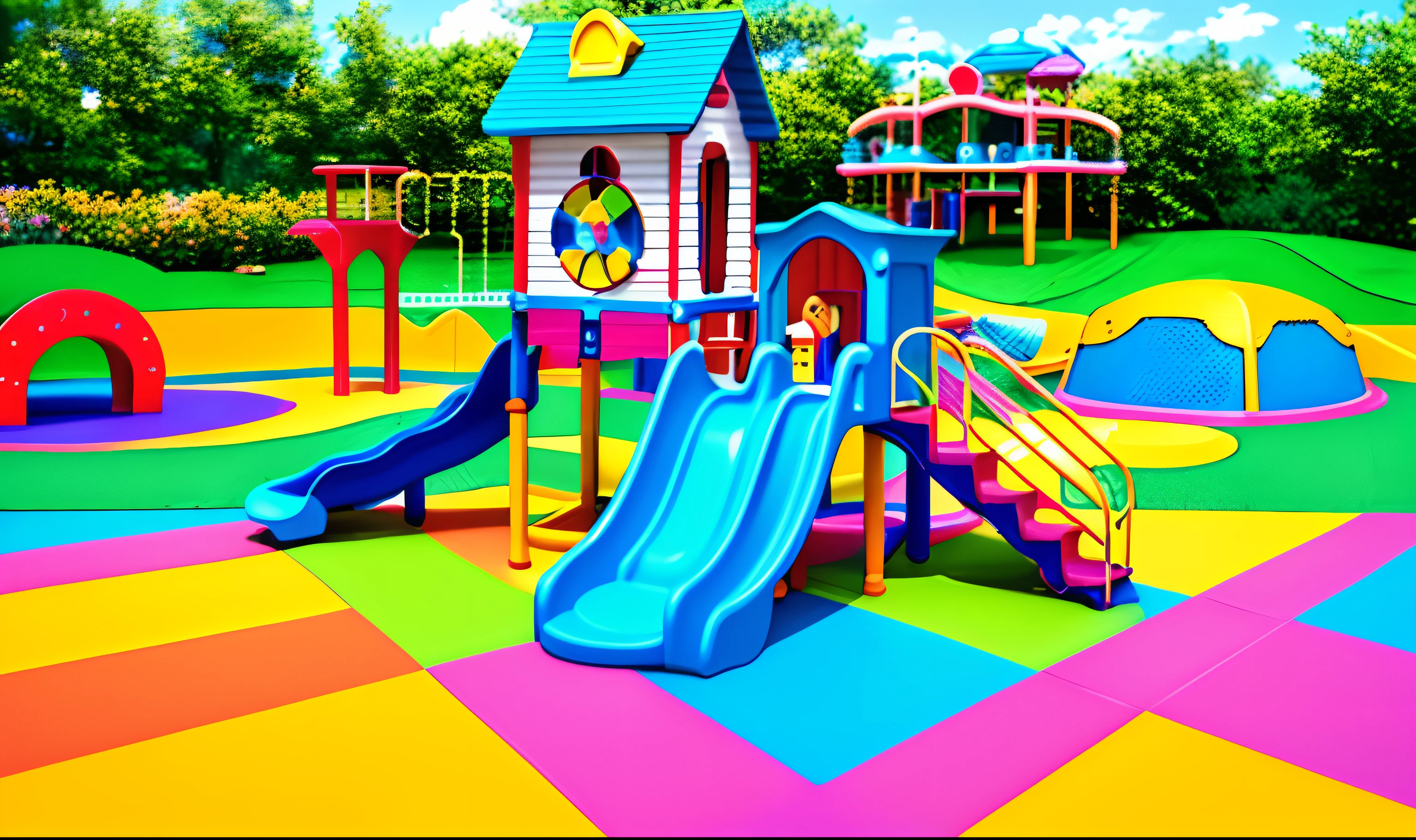there is a colorful playground set with a slide and a house, playground, activity play centre, color slide, urban playground, playful,theme park, soft!!, colorful scene, high quality product image, Anime style”