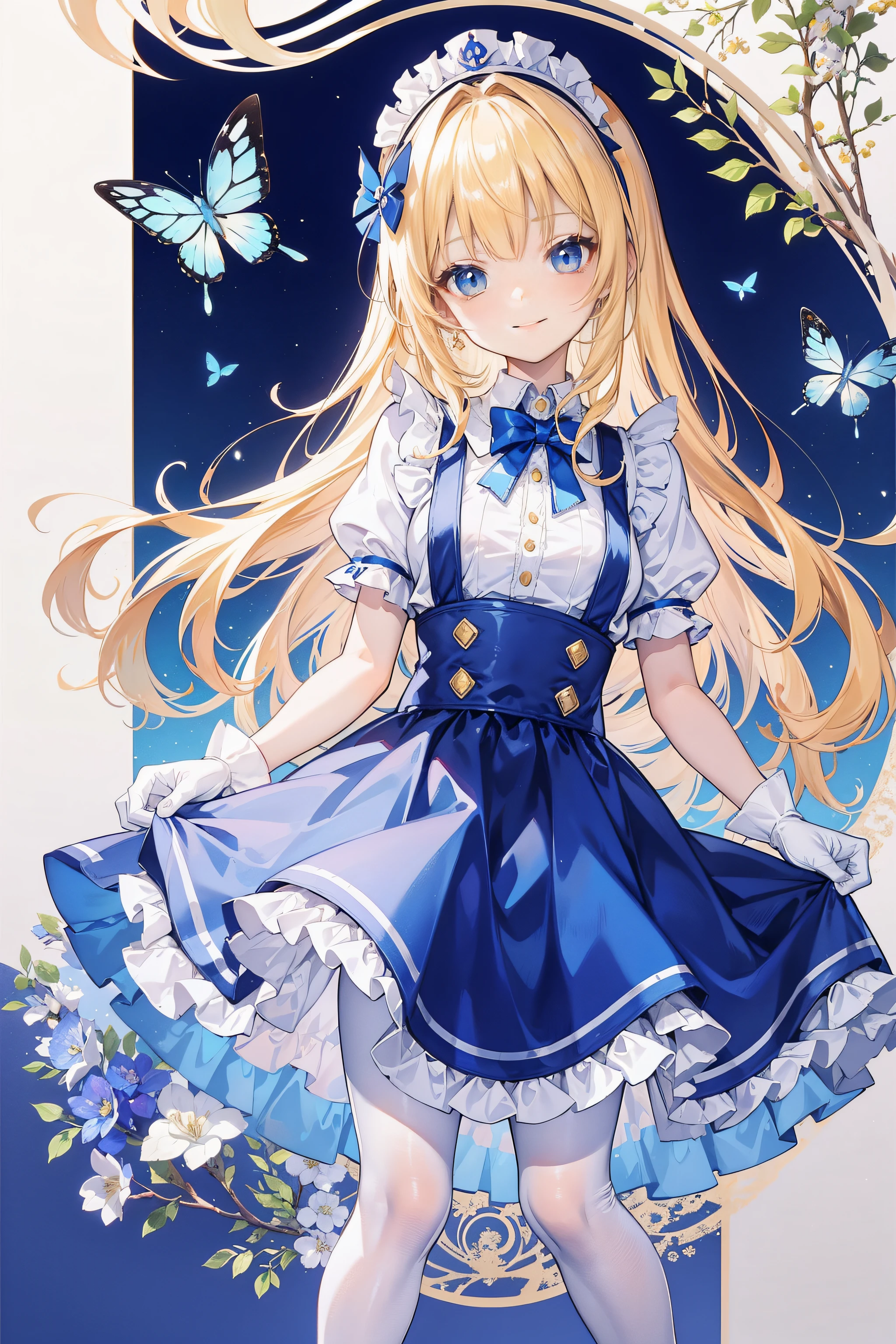 Alice in Wonderland girl holding a cat,Full body photo,Golden hair,Blue butterfly background,A smile、A delightful! The shirt、skirt by the、(small tits)aprons、White lace gloves,doress、hair adornments、(maid)、A high resolution, 8K{Extremely detailed 8k CG unit wallpaper},White tights