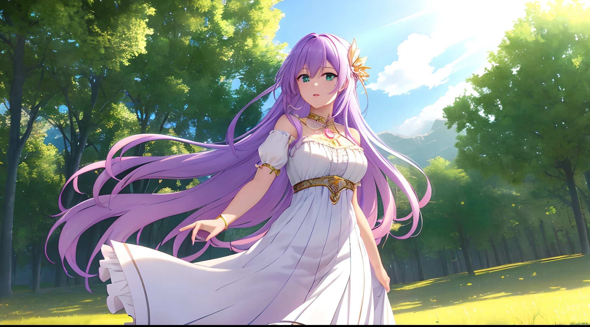 Athena with plain long light purple hair,hair between eyes,green eyes,rosy cheeks,full lips,thin eyebrows,slender body,wearing long white robe adorned with frills and lace,golden pendant on neck and full long skirt,cute anime girl,full body,desert field in background,anime style,Lumen Reflections,Screen Space Reflections,Diffraction Grading,Chromatic Aberration,GB Displacement,Scan Lines,Ray Traced,Anti-Aliasing,FXAA,TXAA,RTX,SSAO,Shaders,OpenGL-Shaders, GLSL-Shaders,Post Processing,Post-Production,cell Shading,Tone Mapping,CGI,VFX,SFX,insanely detailed and intricate, 4K,standing, solo, masterpiece, best quality, detailed face, detailed eyes, highres, standing, solo,masterpiece, best quality