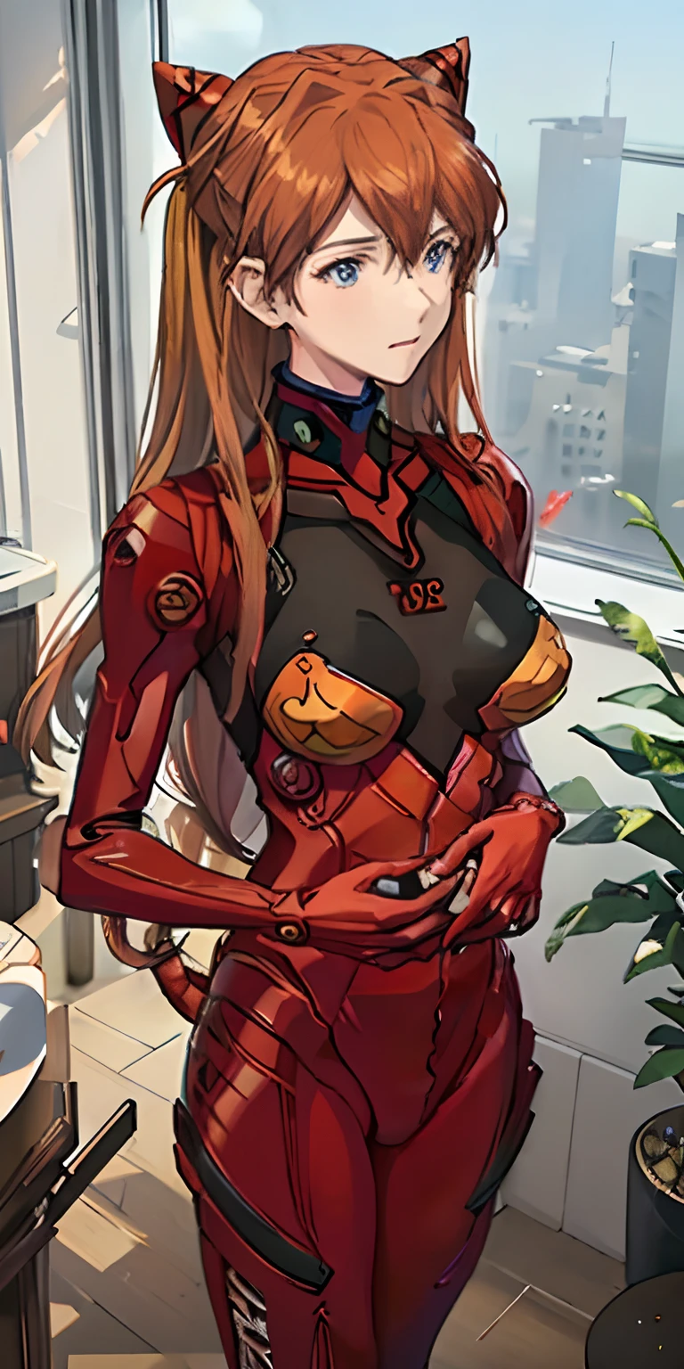 (Overhead view),dynamic ungle,ultra-detailliert, illustratio, a closeup, straight-on, 1girl in,
 ((Souryu Asuka Langley、Interface headset、red body suit:1.4、a blond))、Her eyes shone like dreamy stars(radiant eyes:1.233)、(beautifully detailed eyes:1.1)、(deadpan、a closed mouth)、(is standing)、
(Mechanic's room with tools and spaceship window in white spaceship)、
(natta:1.2)、dream-like、[[Delicate fingers and hands:0.55]::0.85]、(detail finger)、(((huge tit)))