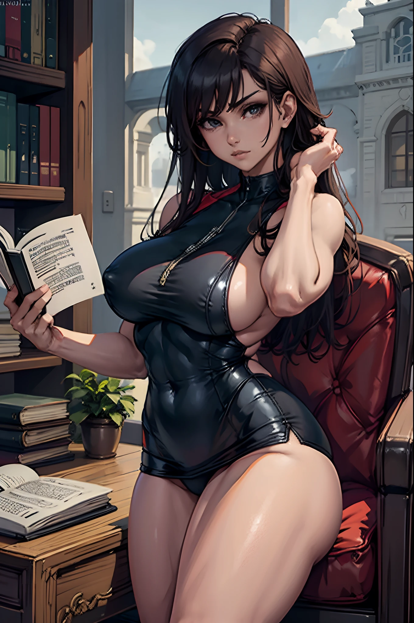 Una chica leyendo un libro en una biblioteca acogedora, rodeado de estantes llenos de libros, soft warm lighting, Vintage Leather Armchair, Escritorio de madera, hermosos ojos detallados, long eyeslashes, ambiente tranquilo, olor a libro viejo, rayo polvoriento de sol, calma, focused expression, , Warm color tone, high-resolution picture, Studio lighting. piernas musculares