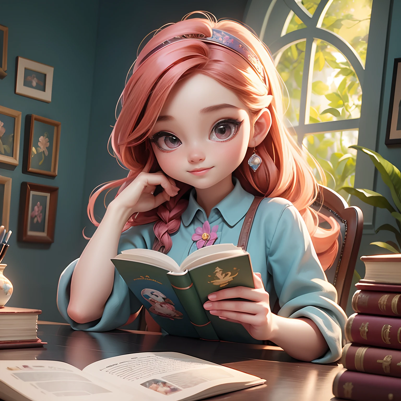 A woman sitting at her desk reading a book of fables, pequenas borboletas azuis sobrevoam o livro com se estivessem saindo de dentro livro, painting digital adorable, bela arte digital, pintura realista, arte digital detalhada bonito, in style of disney animation, very magical and dreamy, Beautiful digital illustration, arte de pintura digital dos desenhos animados