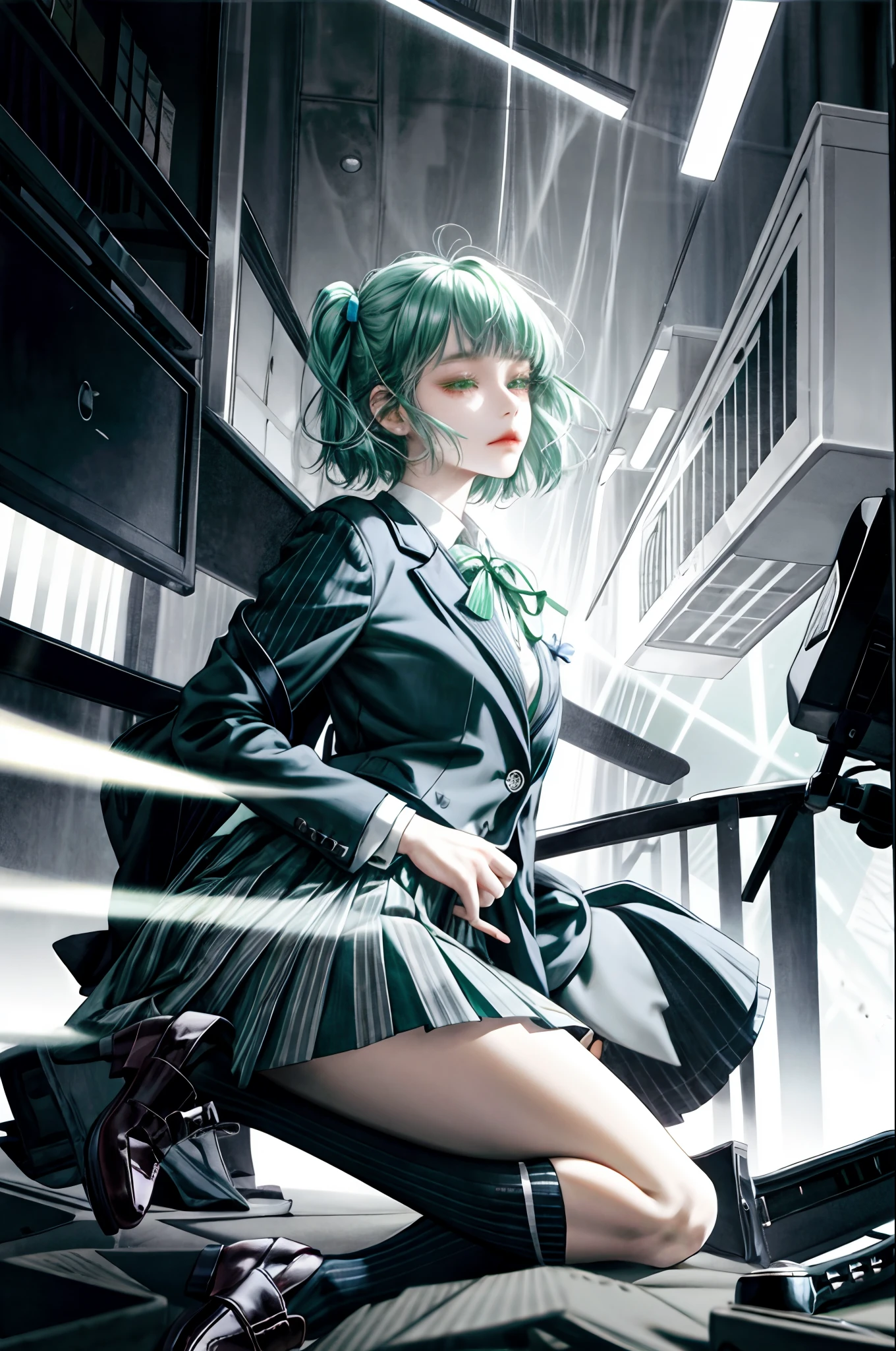Anime-style schoolgirl。
Hair length to shoulders。
Blazer and skirt are the same color and monochromatic gray。
The blouse is a monochromatic light yellow color
The ribbon is dark blue with light green diagonal stripes
The socks are monochromatic and navy blue
The shoes are simple coin loafers in a monochromatic brown color