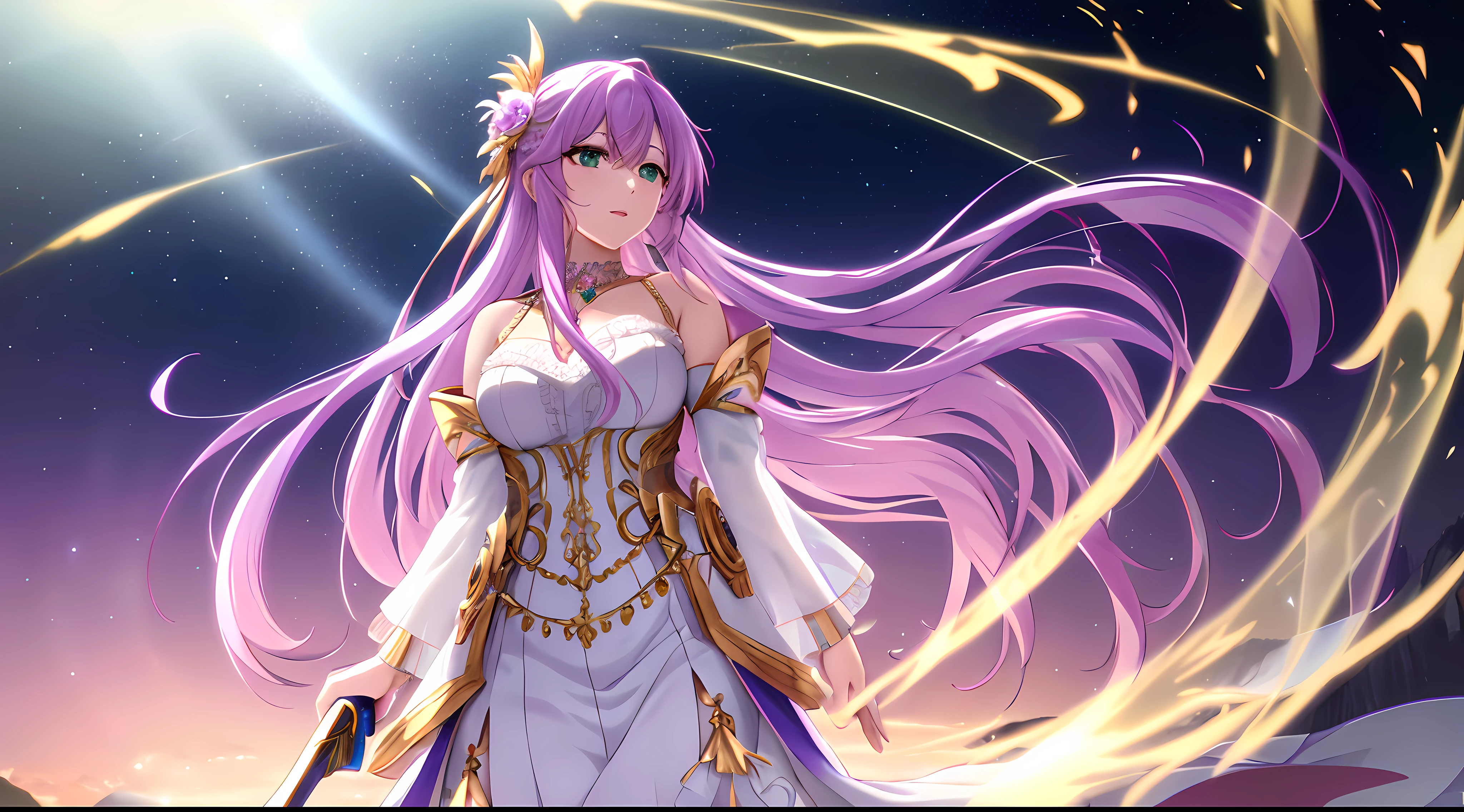 Athena with plain long light purple hair,hair between eyes,green eyes,rosy cheeks,full lips,thin eyebrows,slender body,wearing long white robe adorned with frills and lace,golden pendant on neck and full long skirt,cute anime girl,full body,desert field in background,anime style,Lumen Reflections,Screen Space Reflections,Diffraction Grading,Chromatic Aberration,GB Displacement,Scan Lines,Ray Traced,Anti-Aliasing,FXAA,TXAA,RTX,SSAO,Shaders,OpenGL-Shaders, GLSL-Shaders,Post Processing,Post-Production,cell Shading,Tone Mapping,CGI,VFX,SFX,insanely detailed and intricate, 4K,standing, solo, masterpiece, best quality, detailed face, detailed eyes, highres, standing, solo,masterpiece, best quality