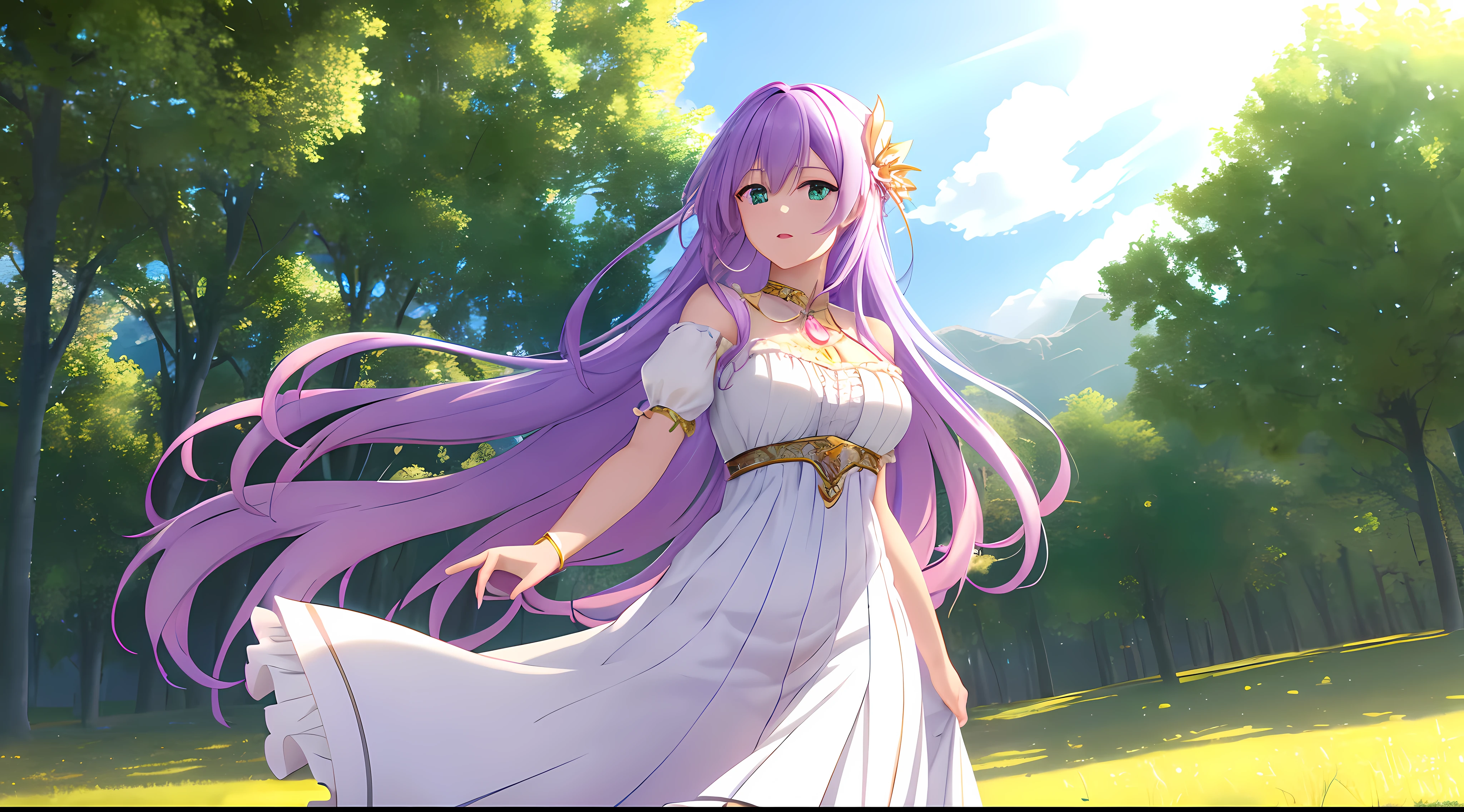 Athena with plain long light purple hair,hair between eyes,green eyes,rosy cheeks,full lips,thin eyebrows,slender body,wearing long white robe adorned with frills and lace,golden pendant on neck and full long skirt,cute anime girl,full body,desert field in background,anime style,Lumen Reflections,Screen Space Reflections,Diffraction Grading,Chromatic Aberration,GB Displacement,Scan Lines,Ray Traced,Anti-Aliasing,FXAA,TXAA,RTX,SSAO,Shaders,OpenGL-Shaders, GLSL-Shaders,Post Processing,Post-Production,cell Shading,Tone Mapping,CGI,VFX,SFX,insanely detailed and intricate, 4K,standing, solo, masterpiece, best quality, detailed face, detailed eyes, highres, standing, solo,masterpiece, best quality